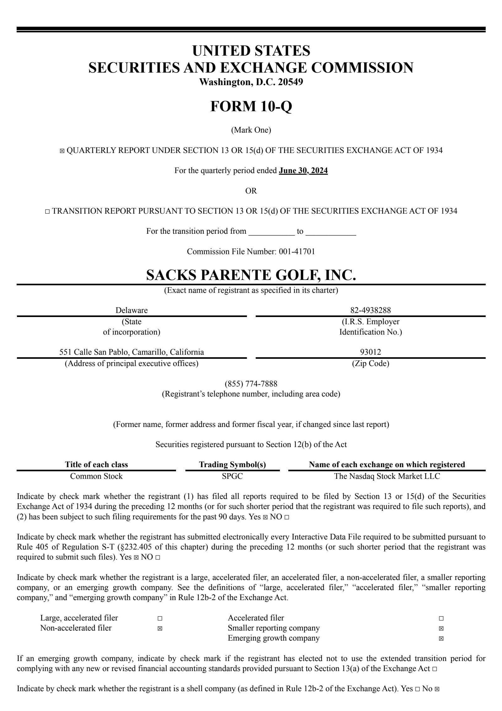 Sacks Parente Golf's Q2 2024 Quarterly report
