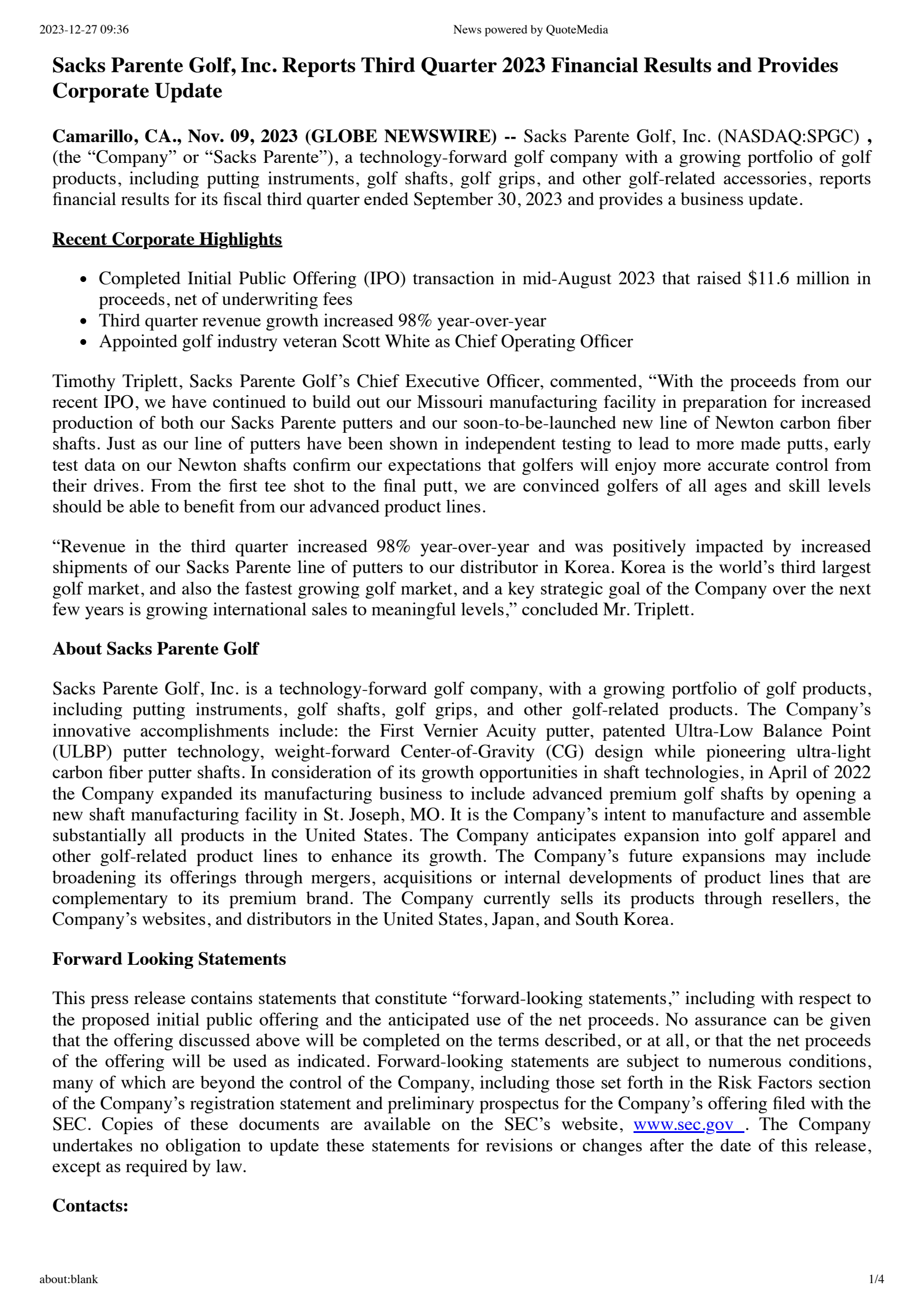 Sacks Parente Golf's Q3 2023 Press Release