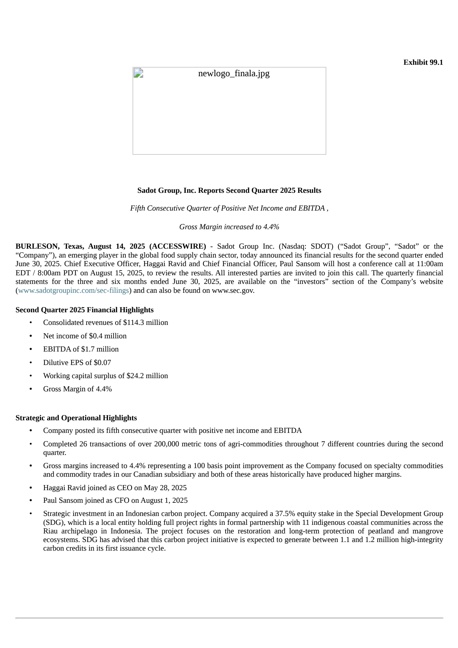 Sadot Group's Q2 2025 Press Release