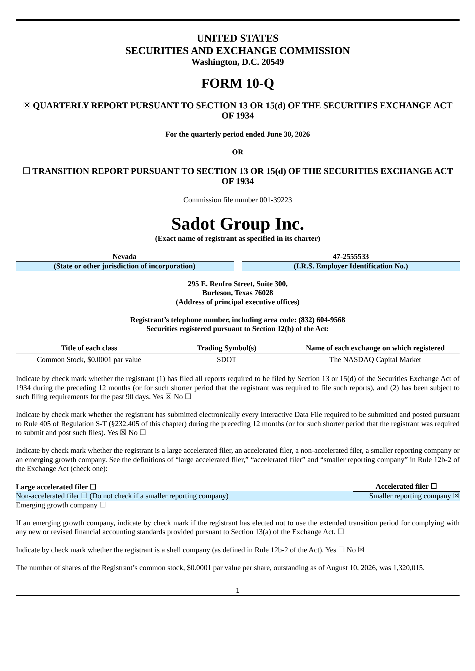 Sadot Group's Q2 2026 Quarterly report