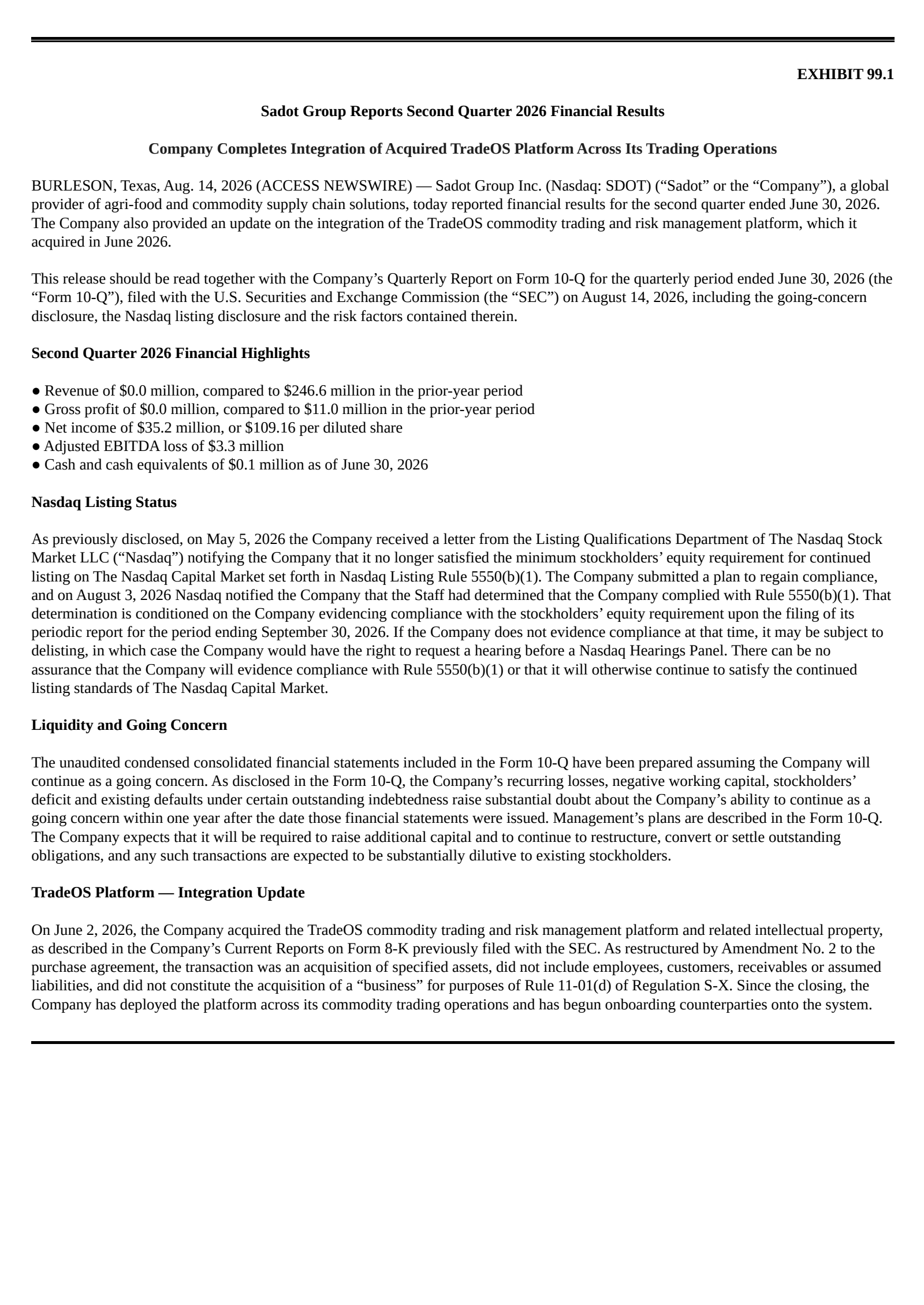 Sadot Group's Q2 2026 Press Release