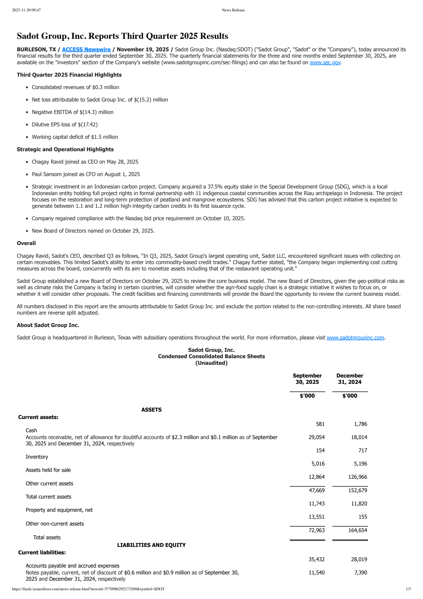 Sadot Group's Q3 2025 Earnings Release