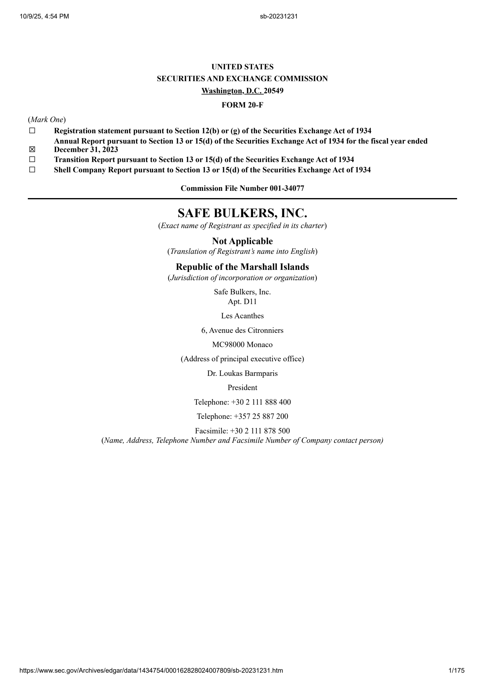 Safe Bulkers' Q4 2023 Annual Report