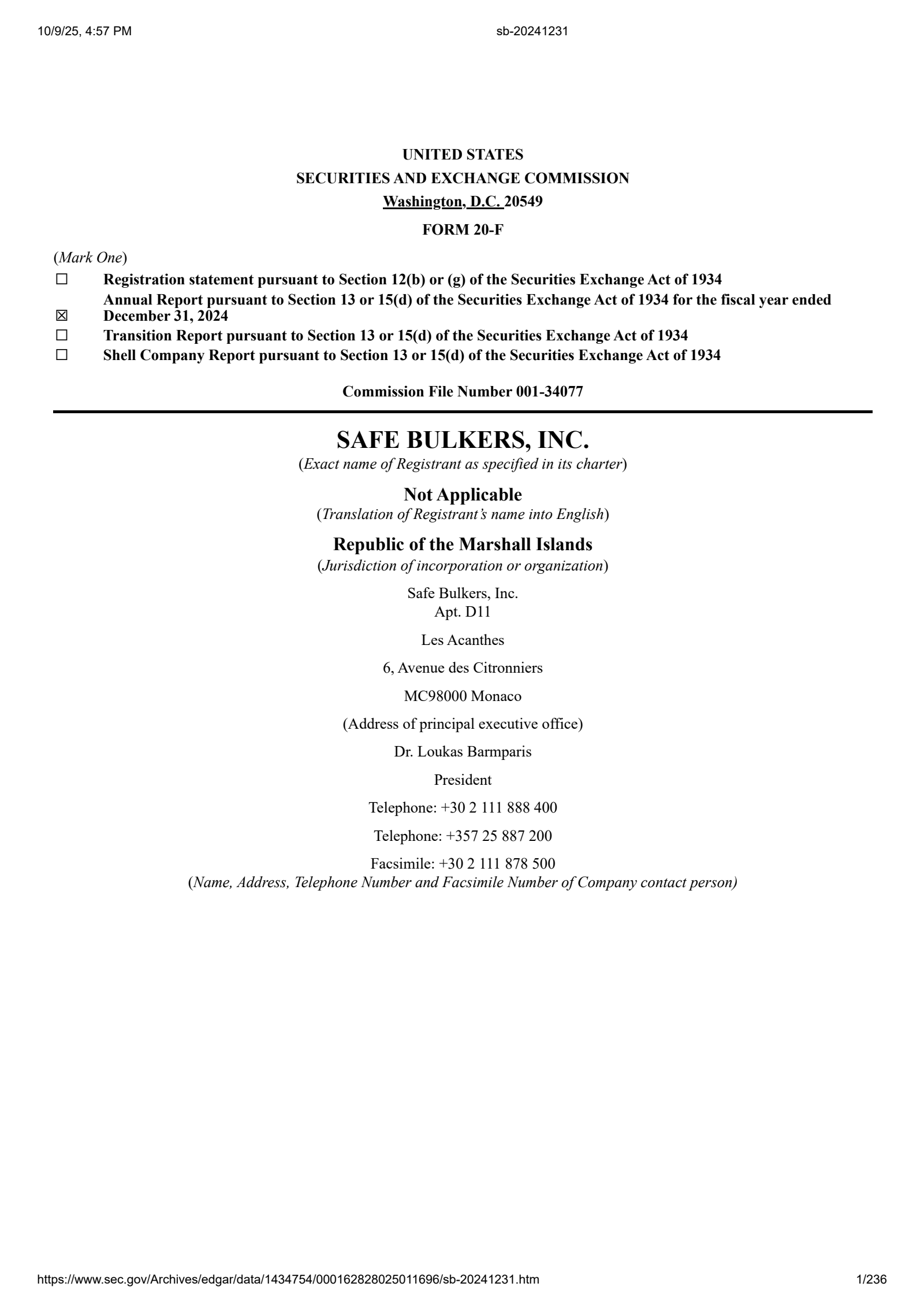 Safe Bulkers' Q4 2024 Annual Report