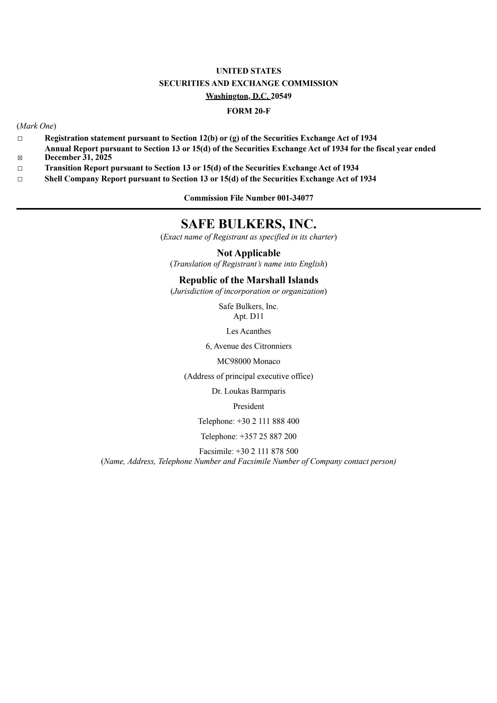 Safe Bulkers' Q4 2025 Annual report