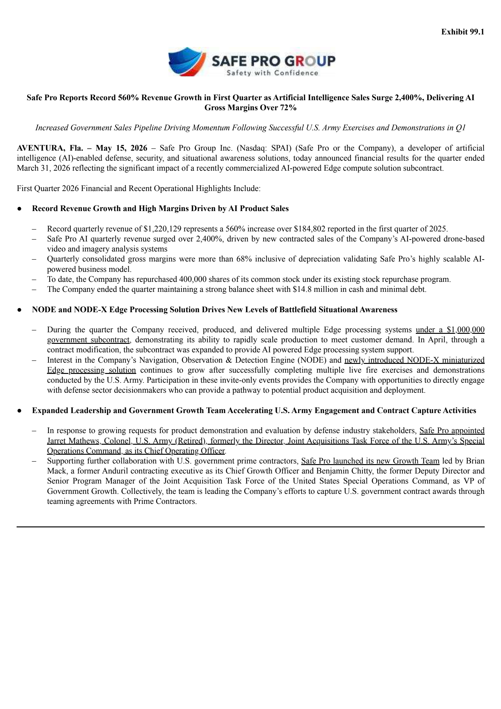 Safe Pro Group's Q1 2026 Press Release