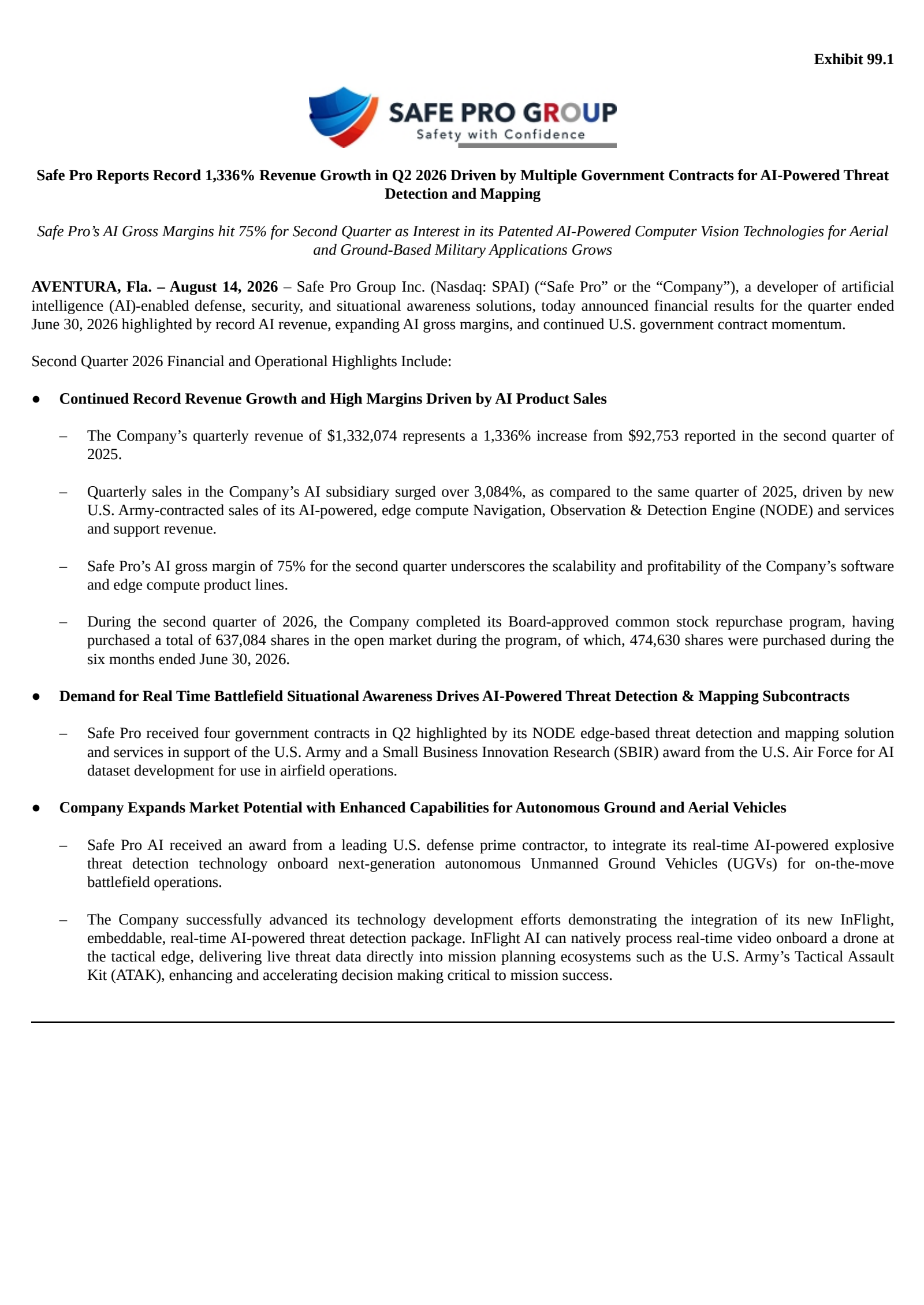 Safe Pro Group's Q2 2026 Press Release