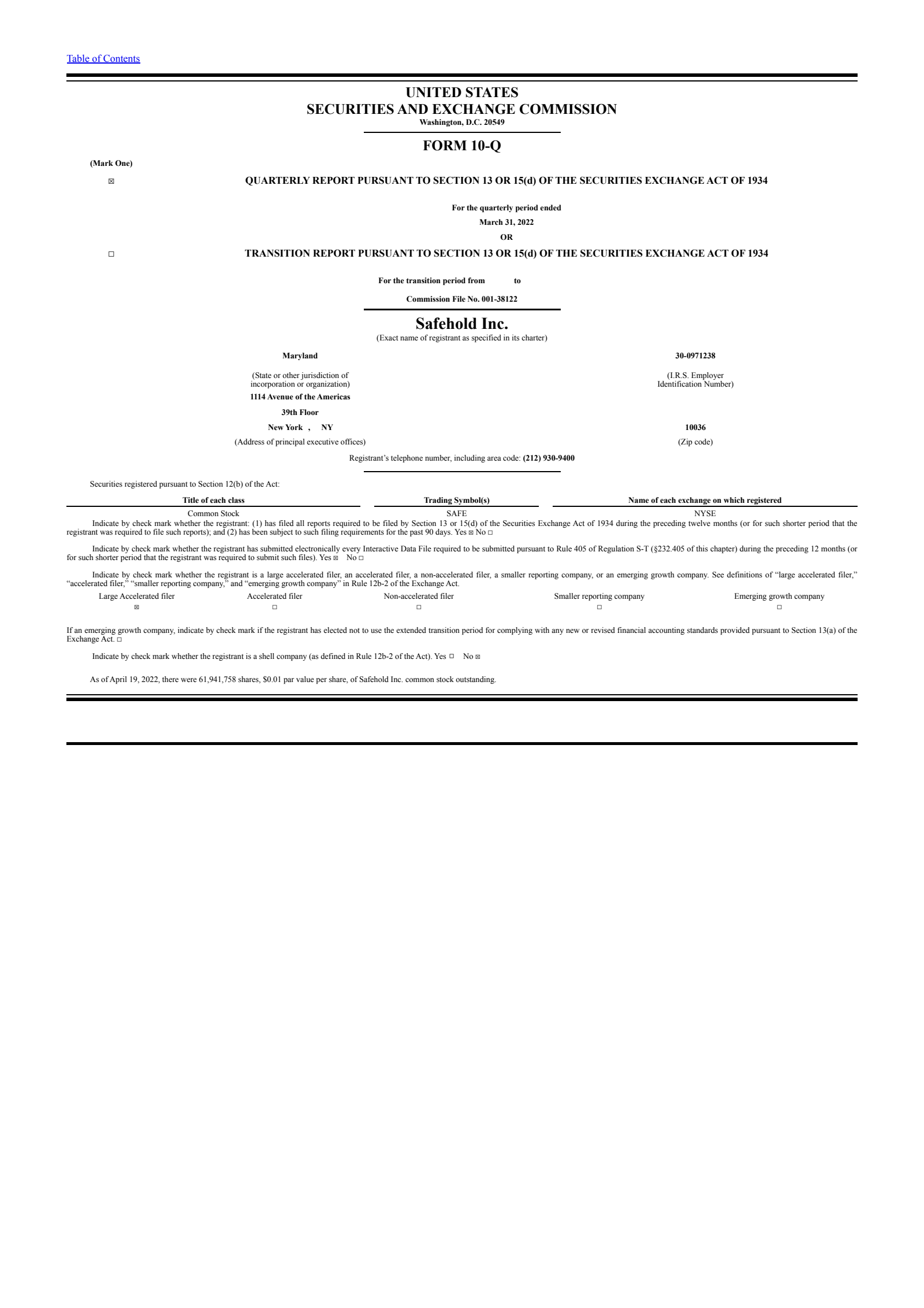 Safehold's Q1 2022 Quarterly report