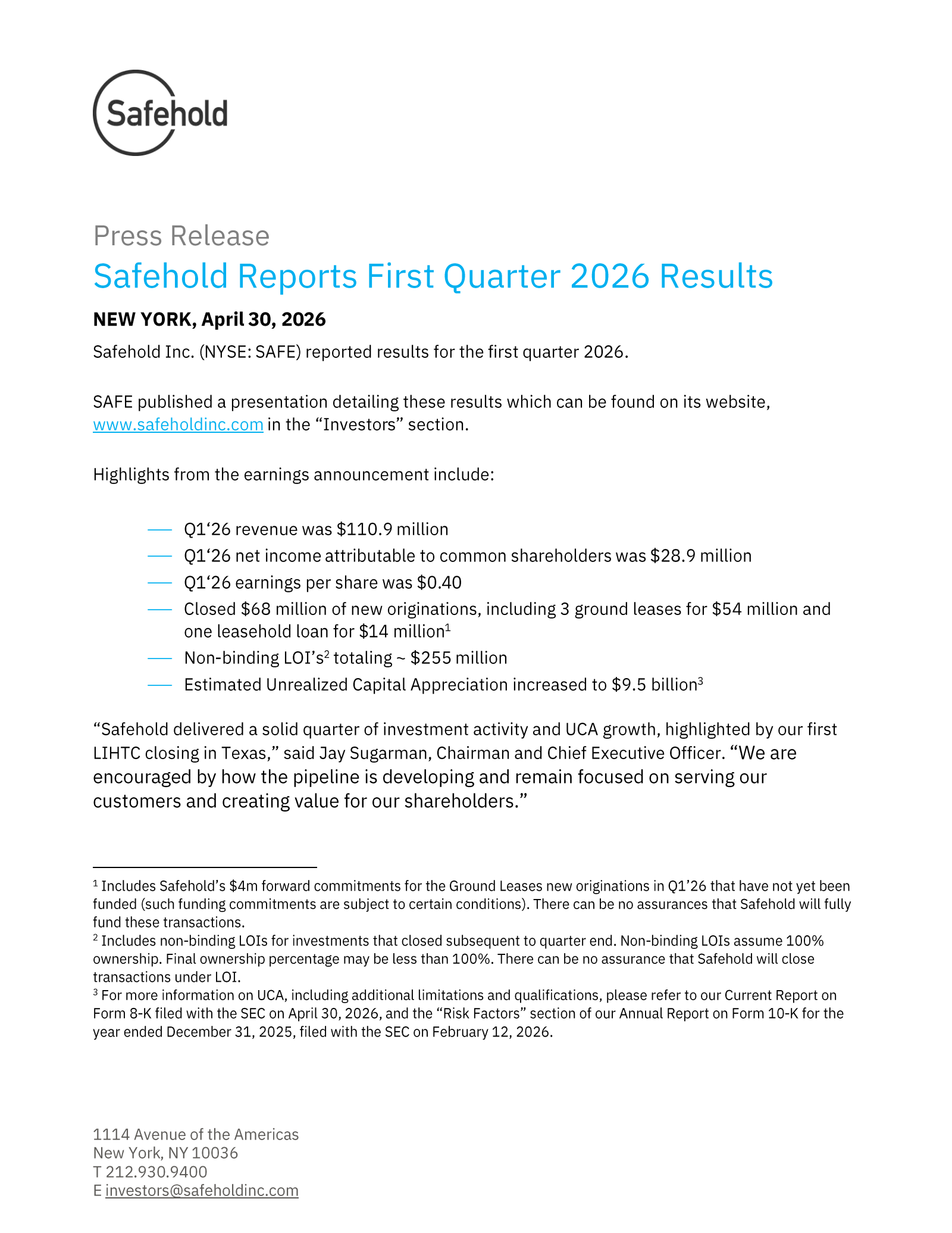 Safehold's Q1 2026 Press Release
