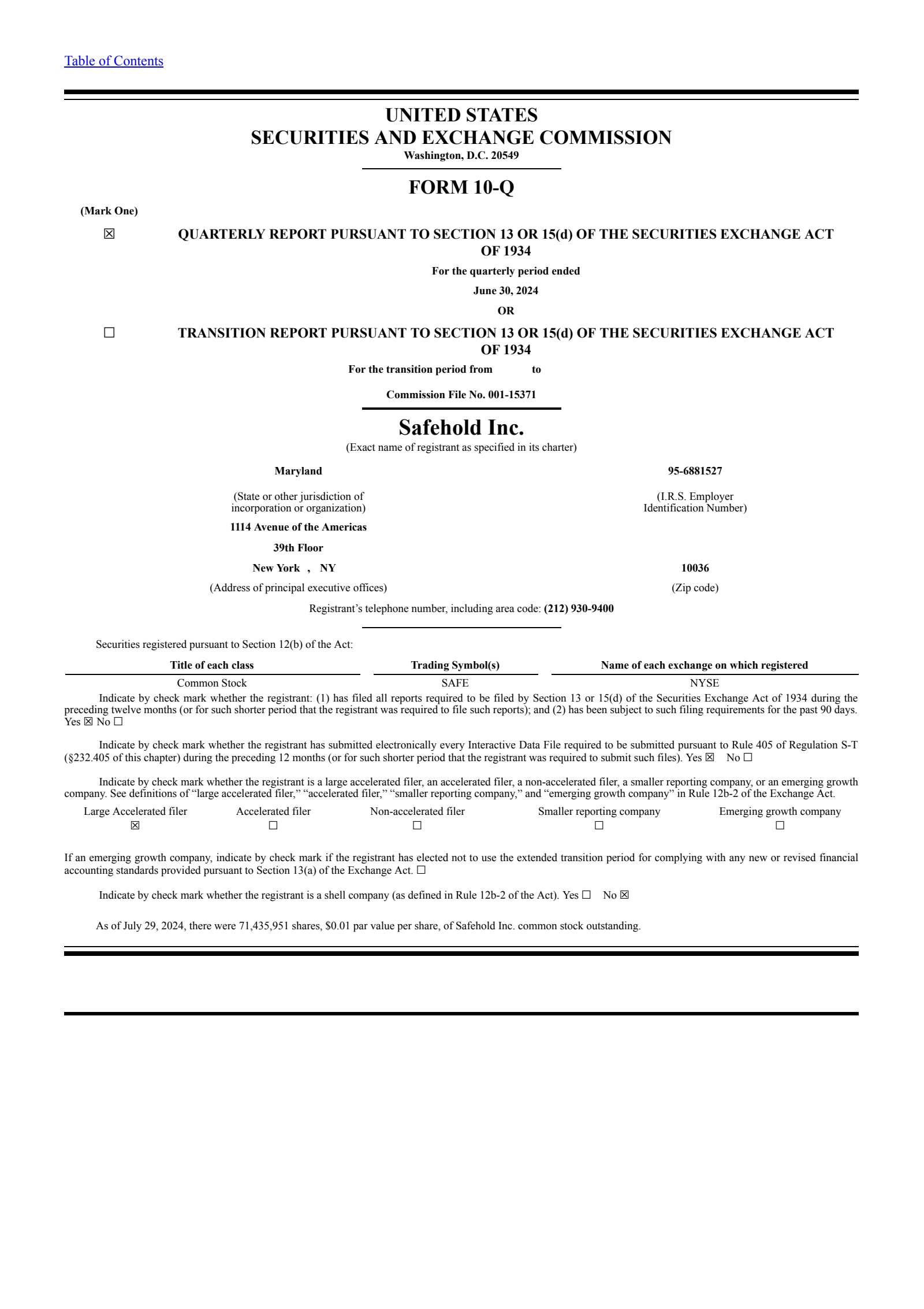 Safehold's Q2 2024 Quarterly Report