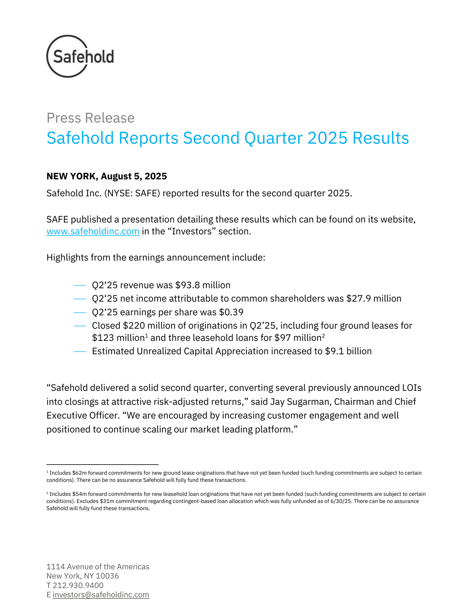 Safehold's Q2 2025 Press Release