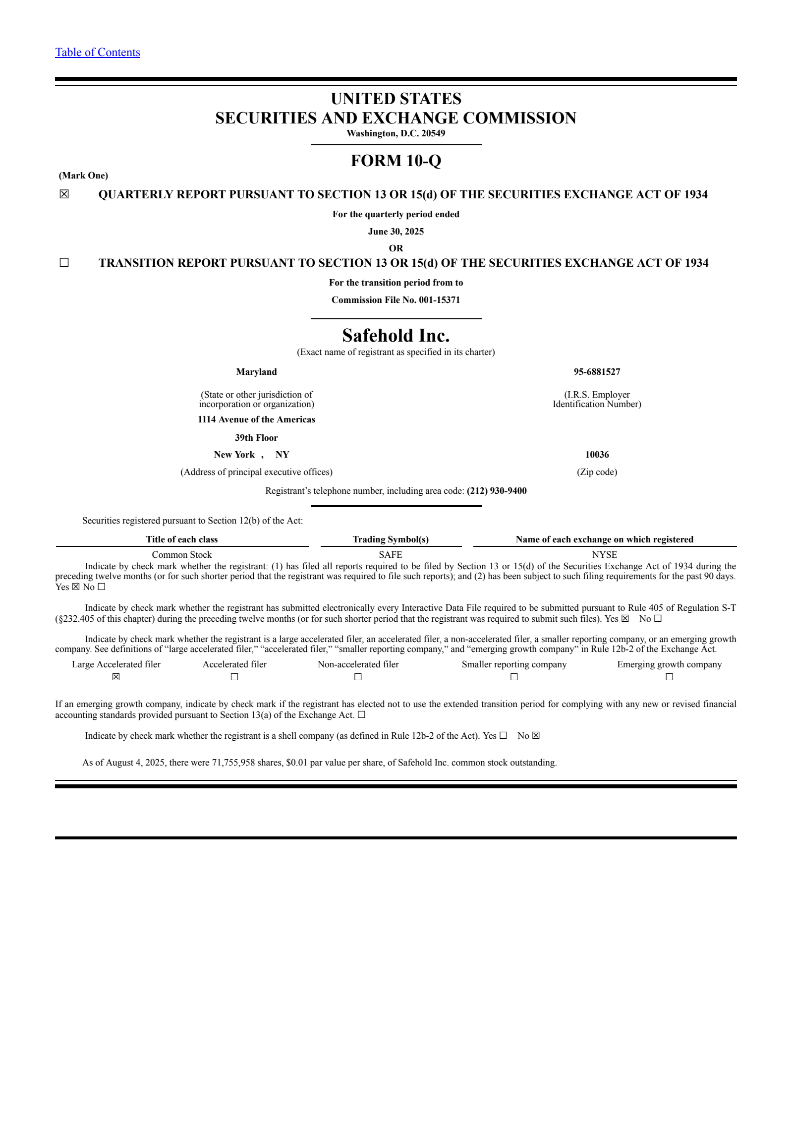 Safehold's Q2 2025 Quarterly Report