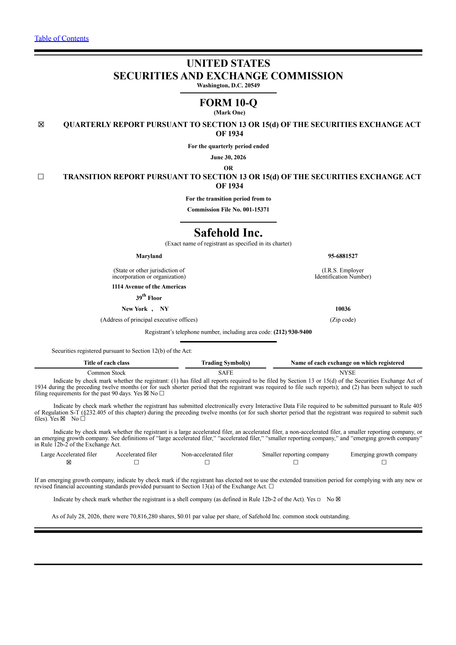 Safehold's Q2 2026 Quarterly report