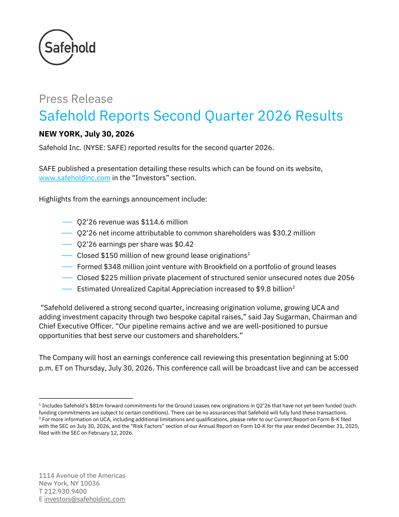 Safehold's Q2 2026 Press Release