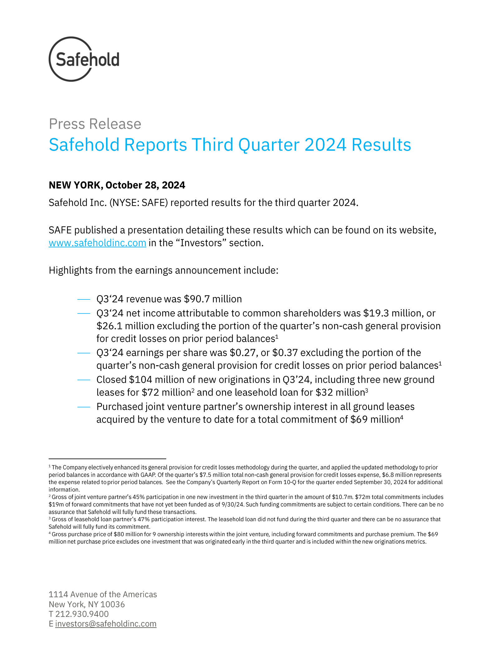 Safehold's Q3 2024 Press Release