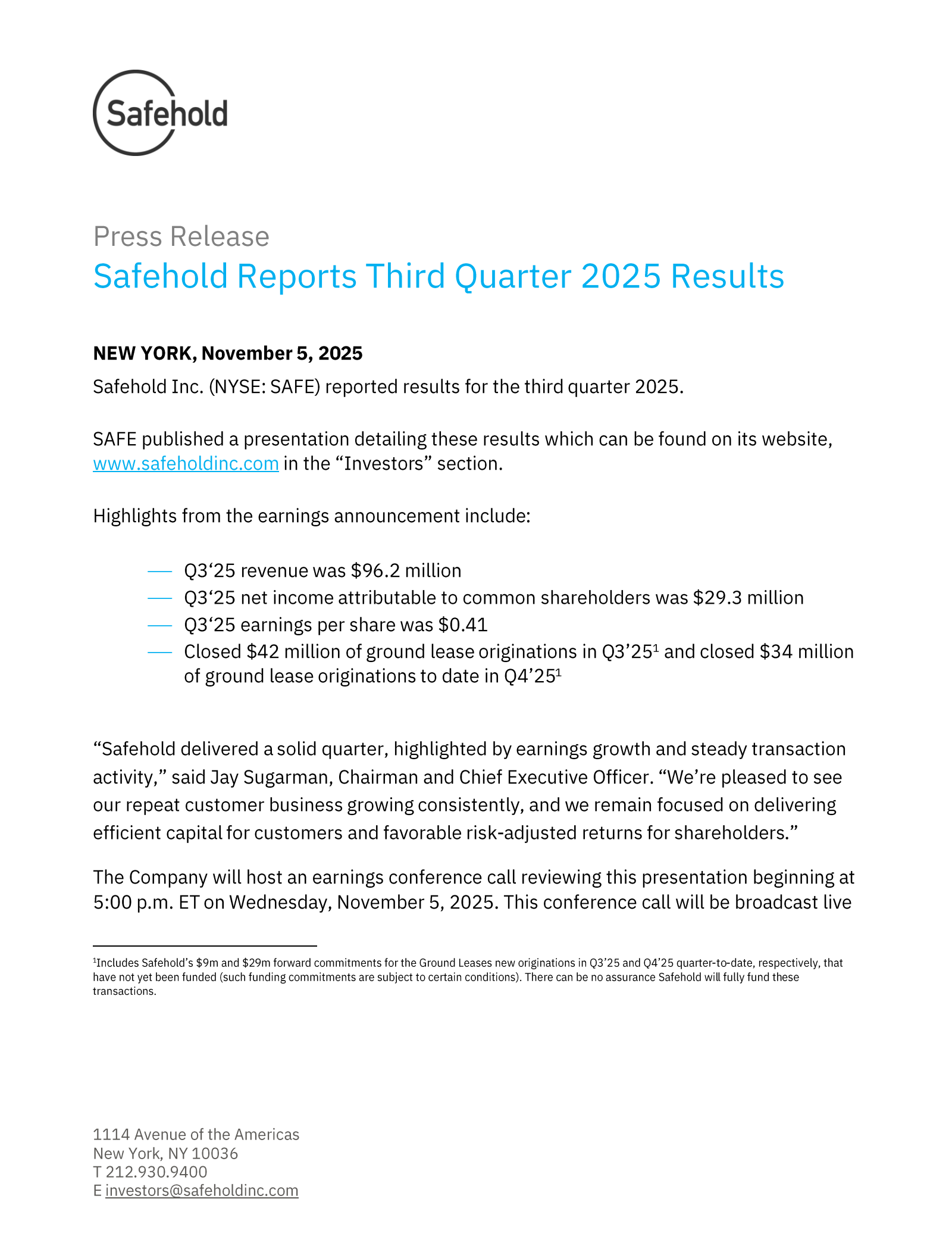 Safehold's Q3 2025 Earnings Release
