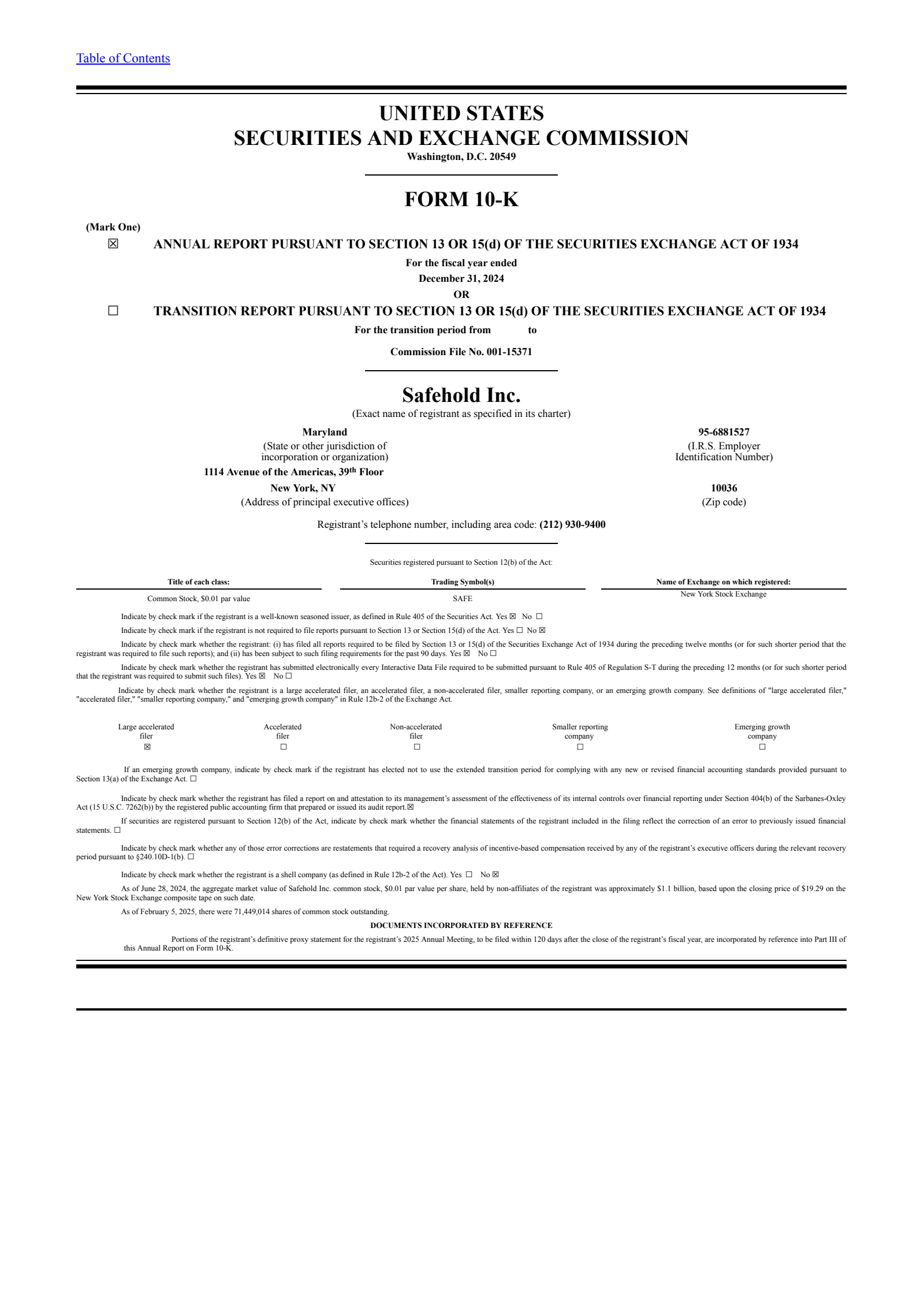 Safehold's Q4 2024 Annual Report