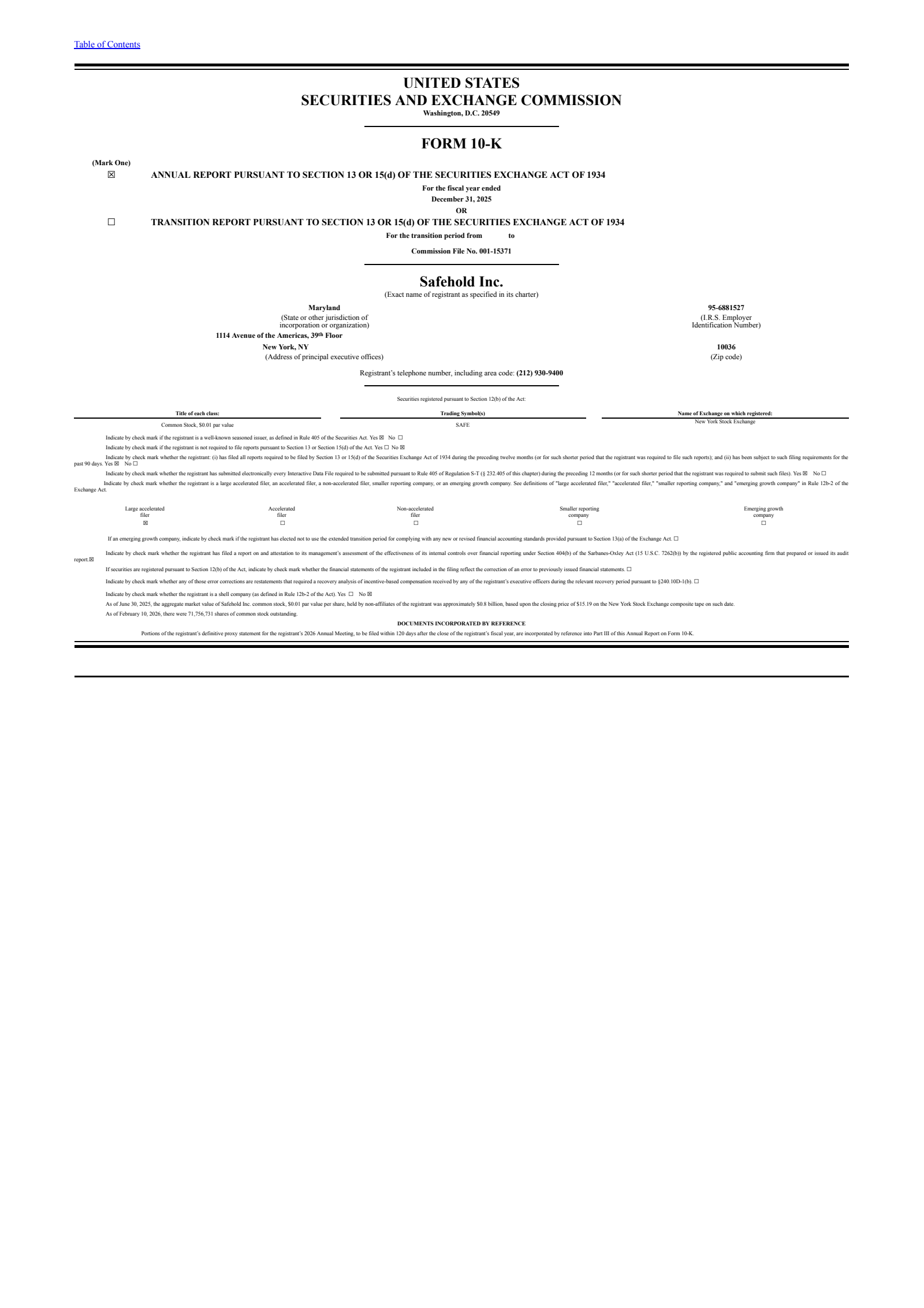 Safehold's Q4 2025 Annual report