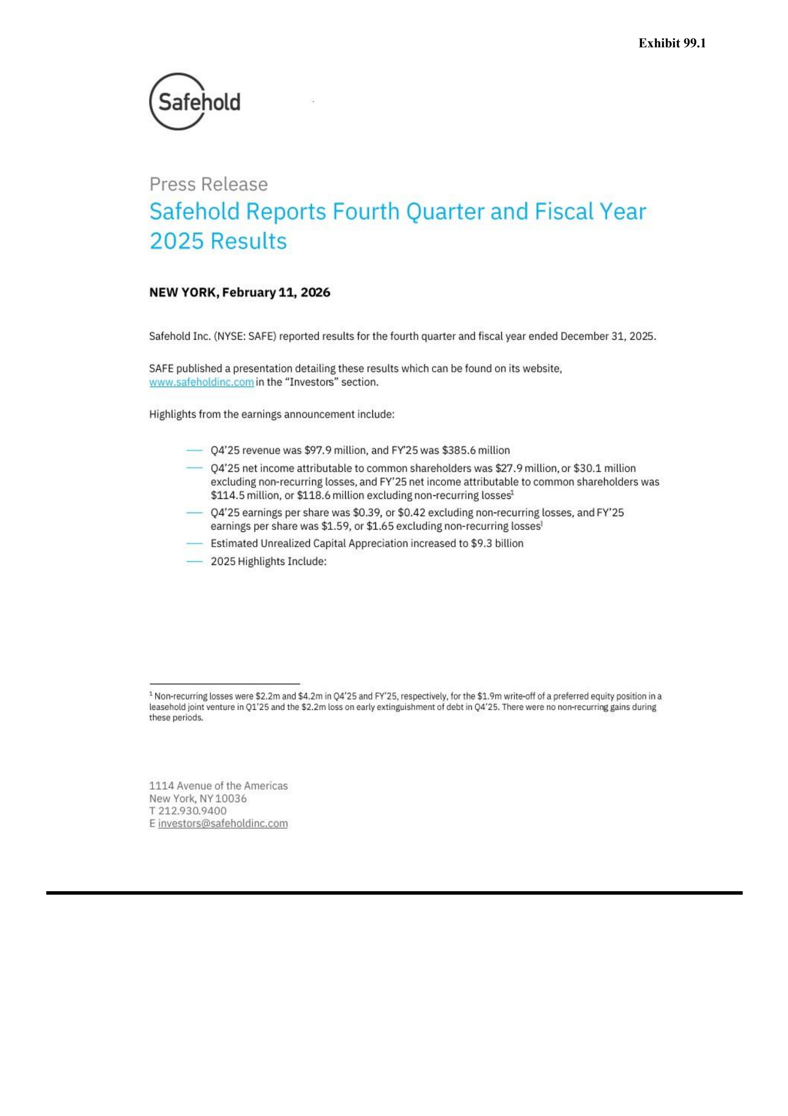 Safehold's Q4 2025 Press Release