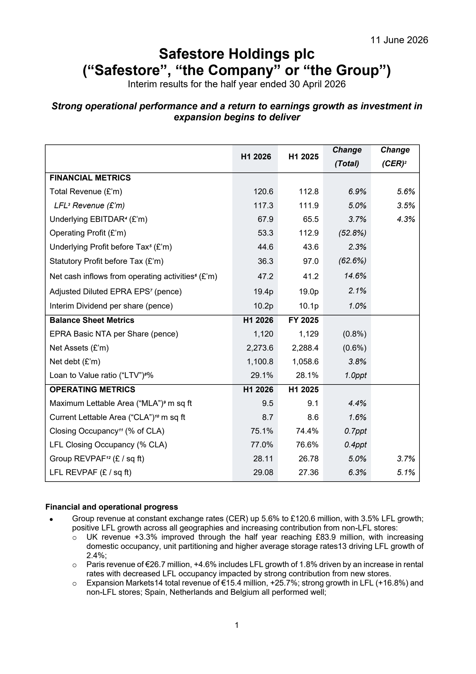 Safestore's H1 2026 Interim report