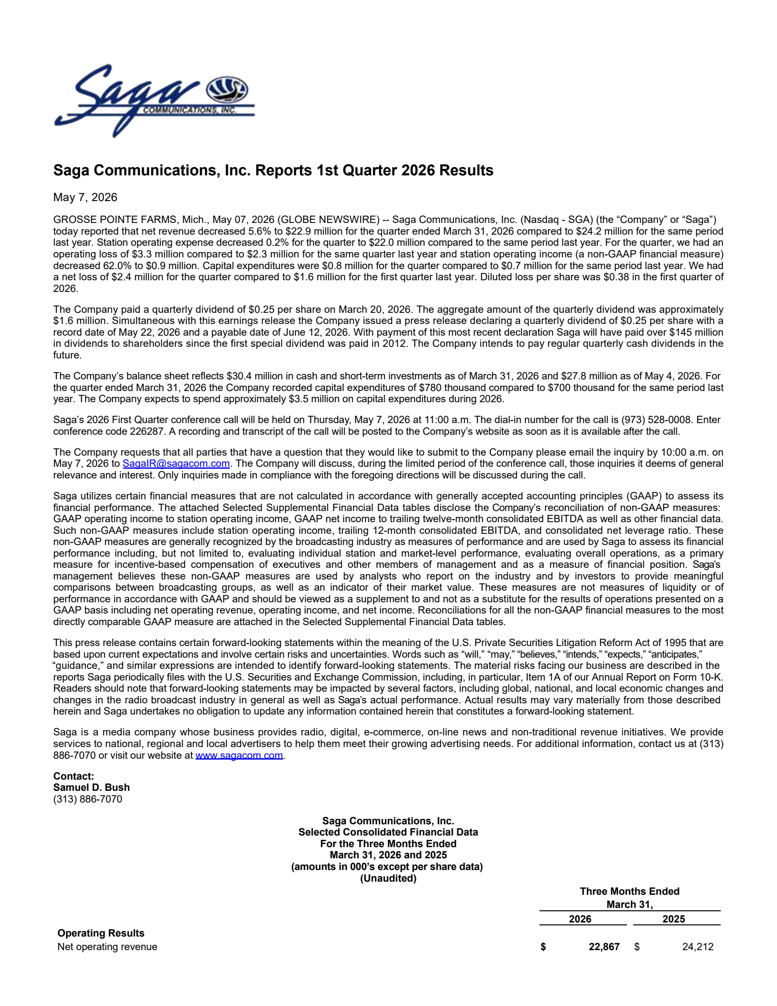 Saga Communications' Q1 2026 Press Release