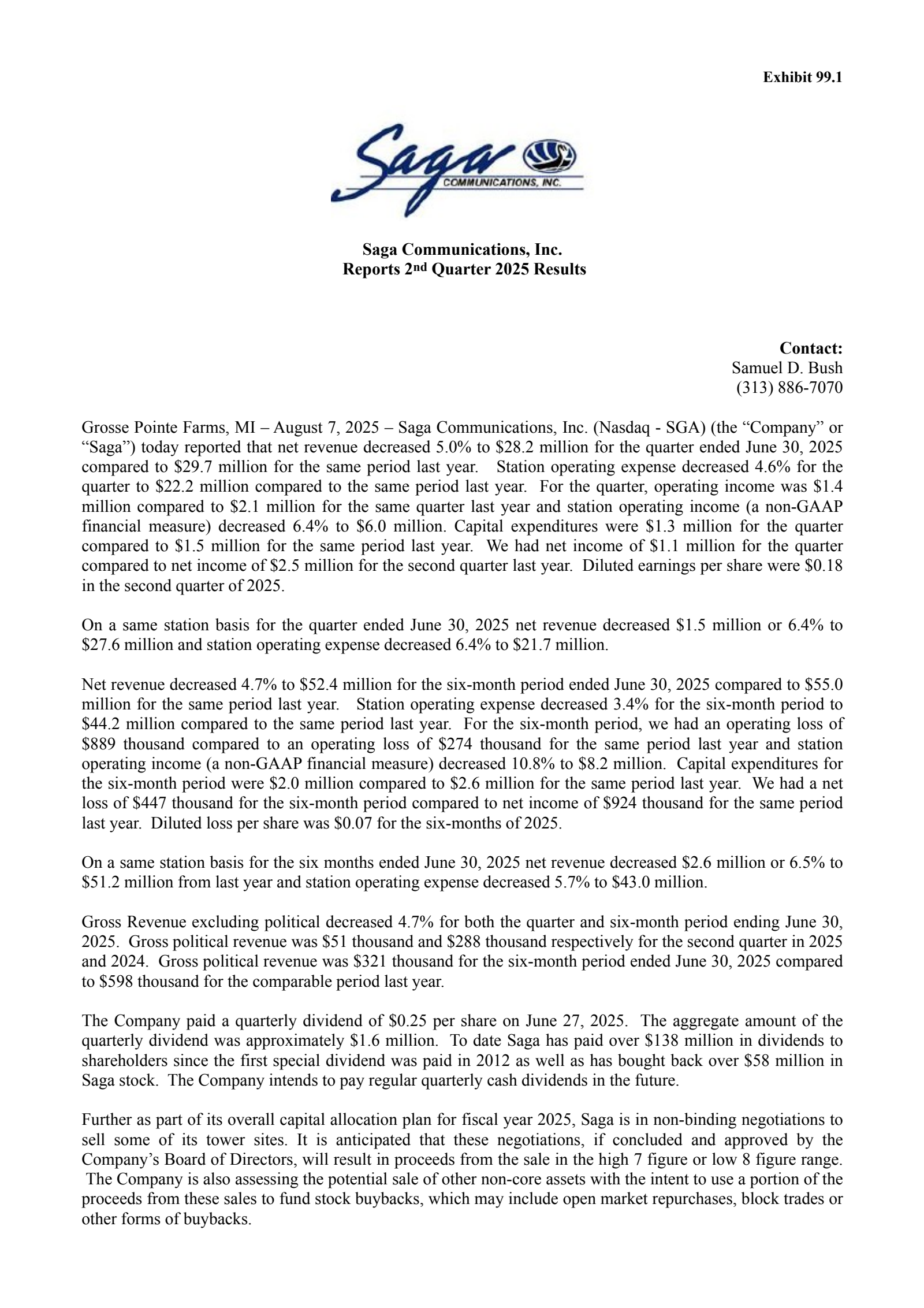 Saga Communications' Q2 2025 Press Release