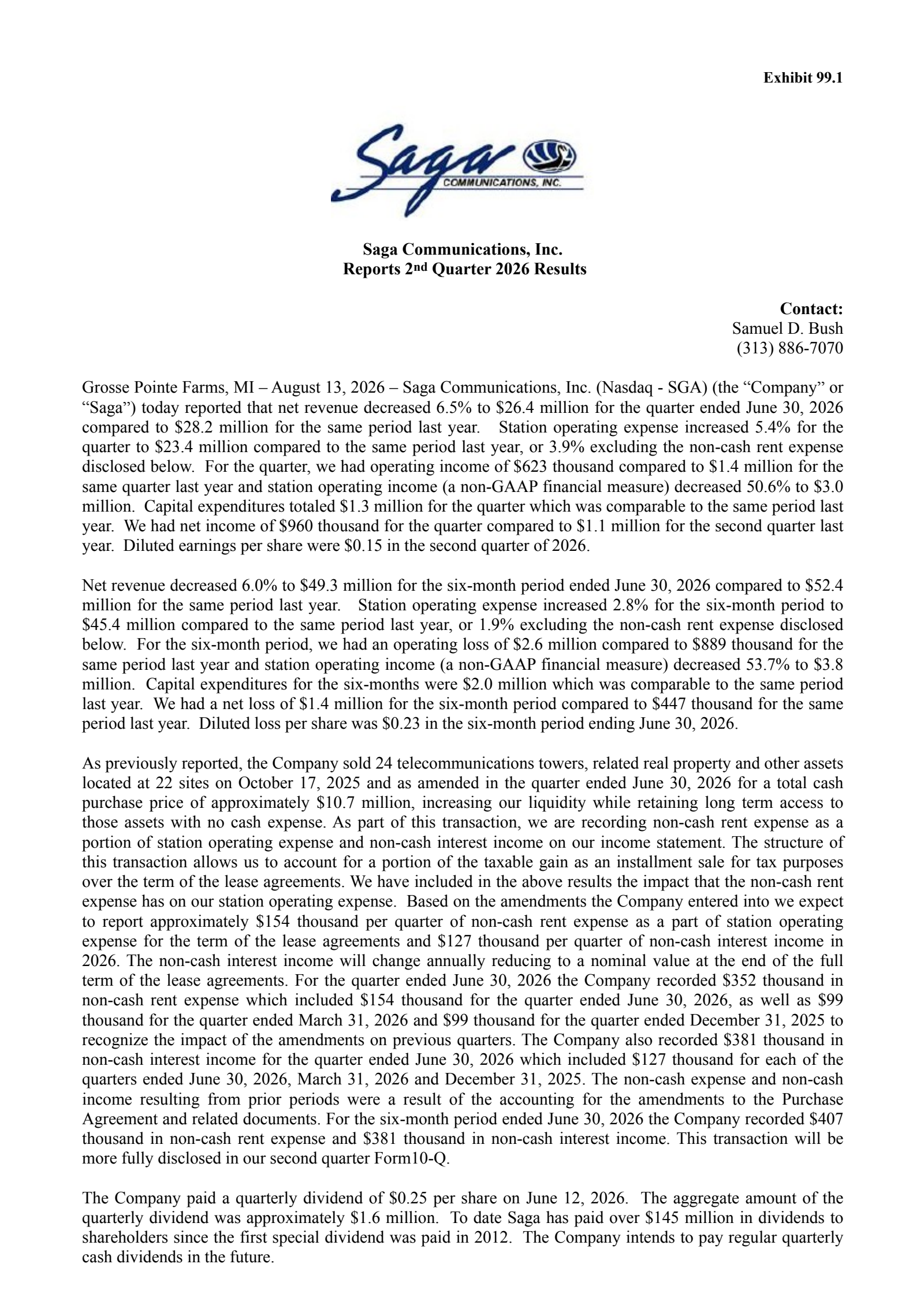 Saga Communications' Q2 2026 Press Release