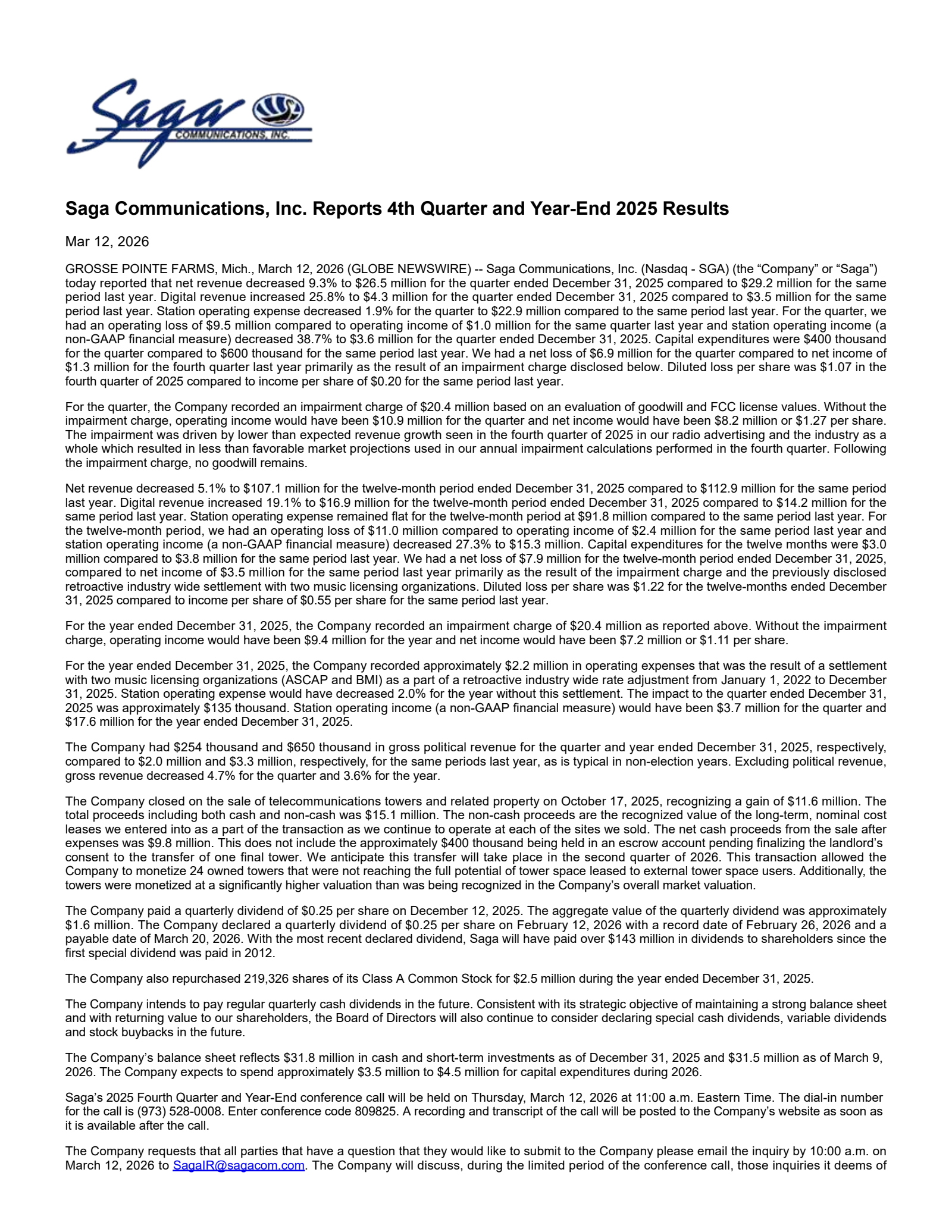 Saga Communications' Q4 2025 Press Release
