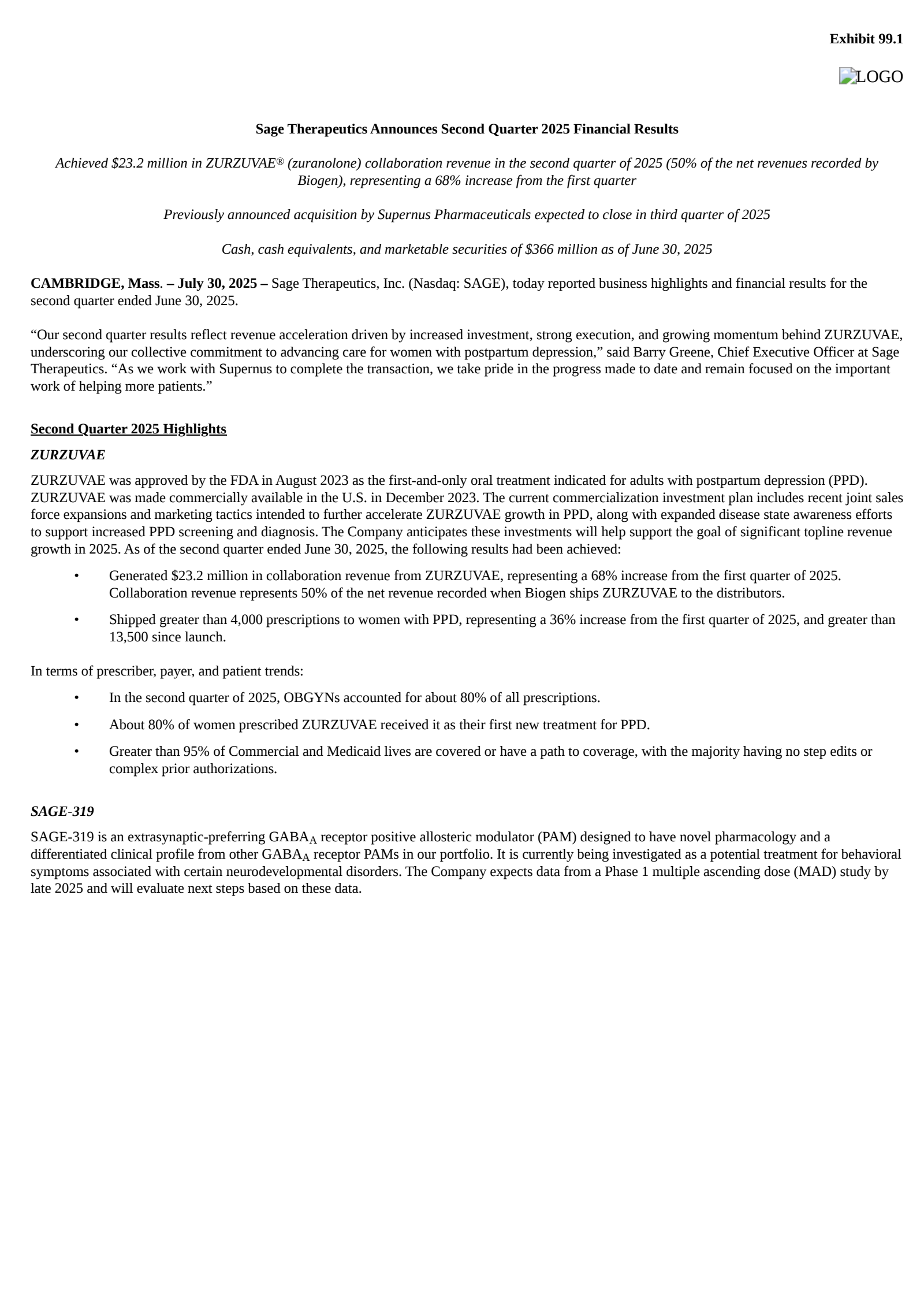 Sage Therapeutics' Q2 2025 Press Release