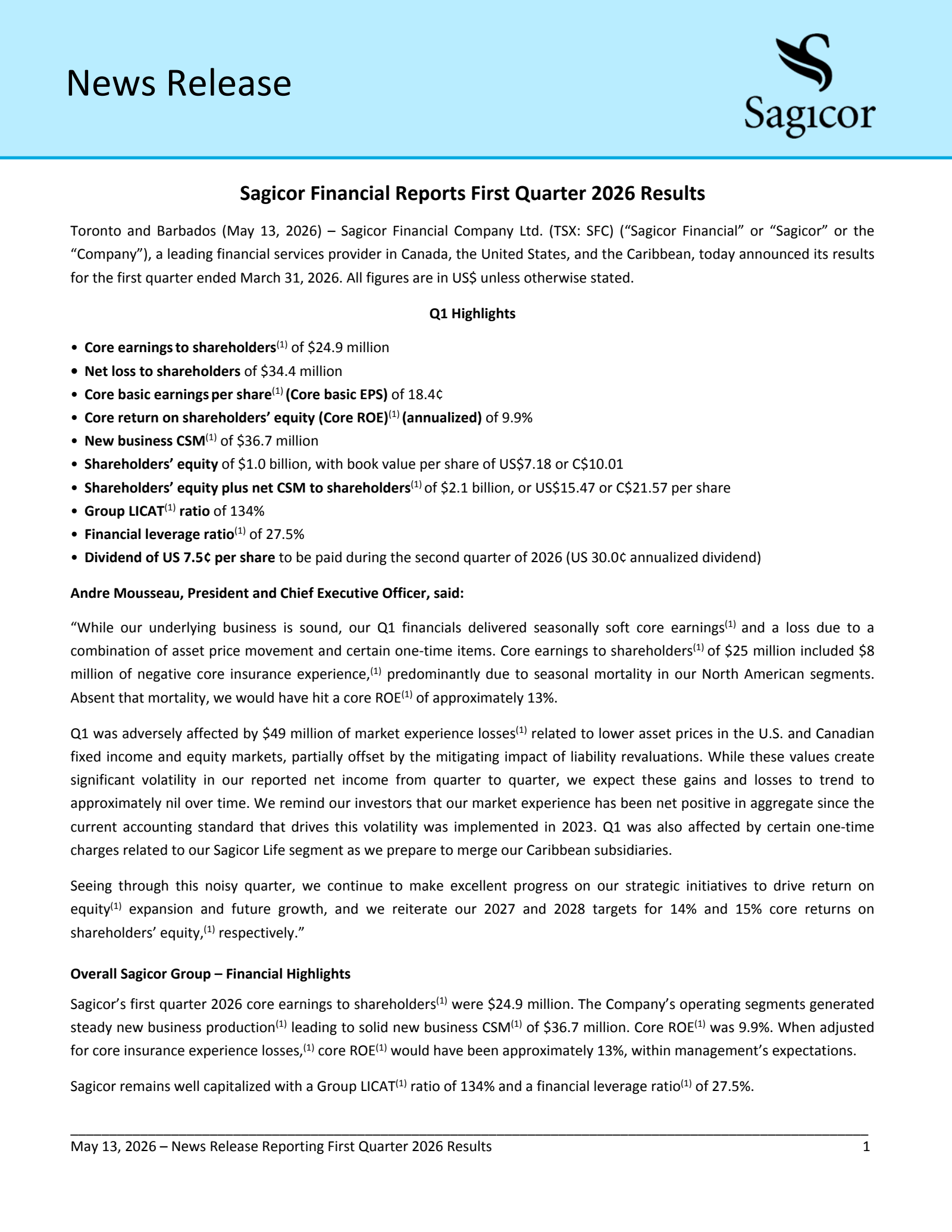 Sagicor Financial's Q1 2026 Press Release