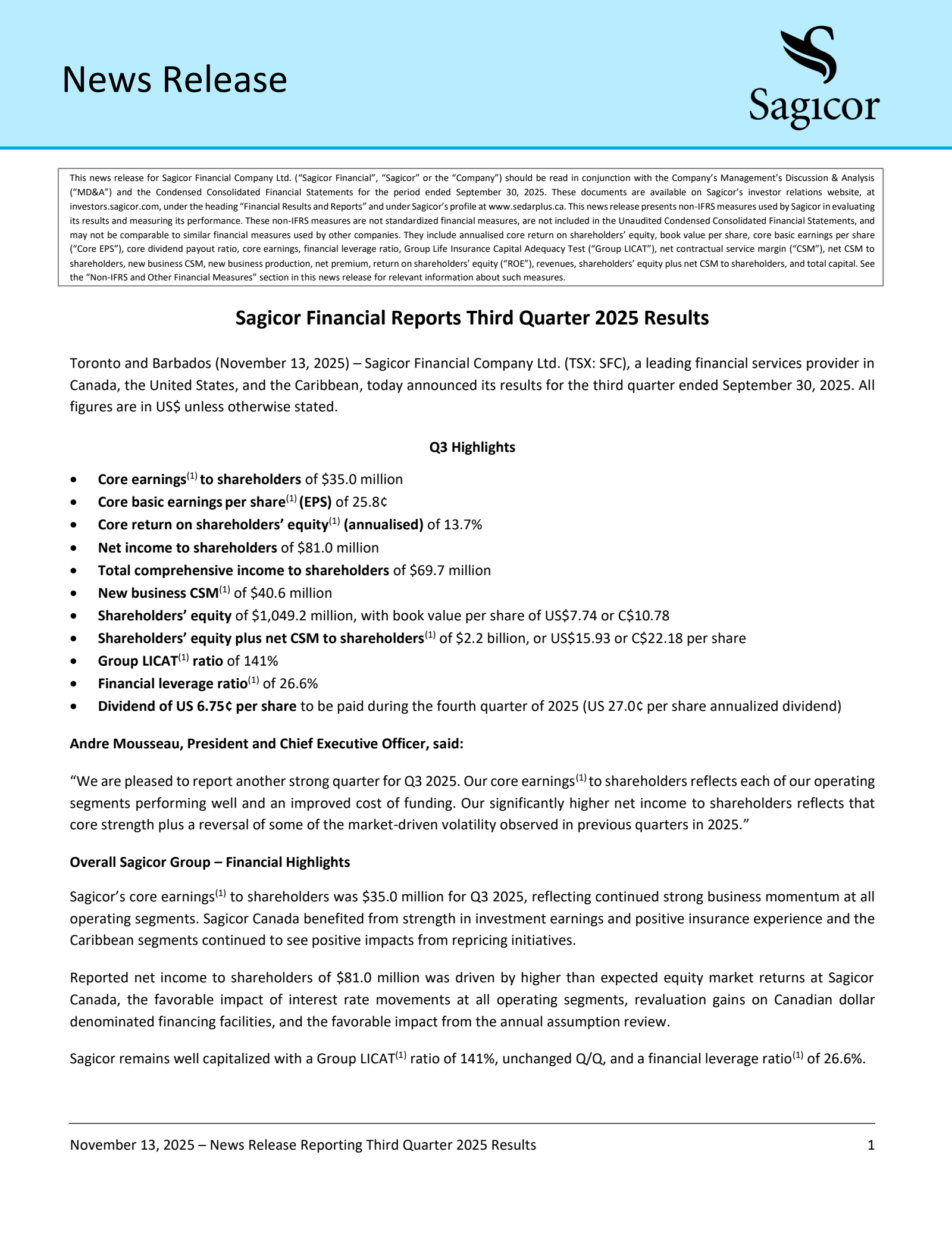 Sagicor Financial's Q3 2025 Earnings Release