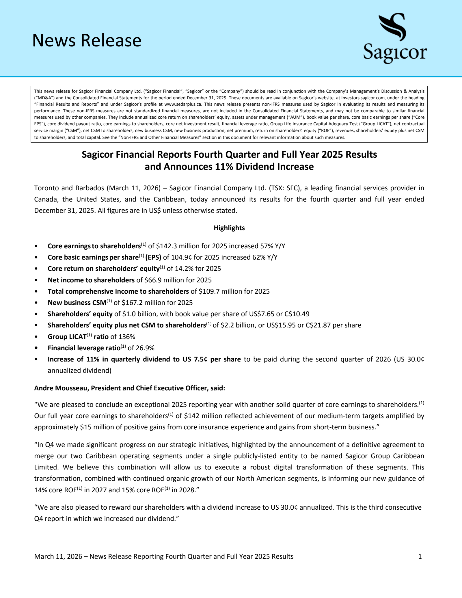 Sagicor Financial's Q4 2025 Press Release