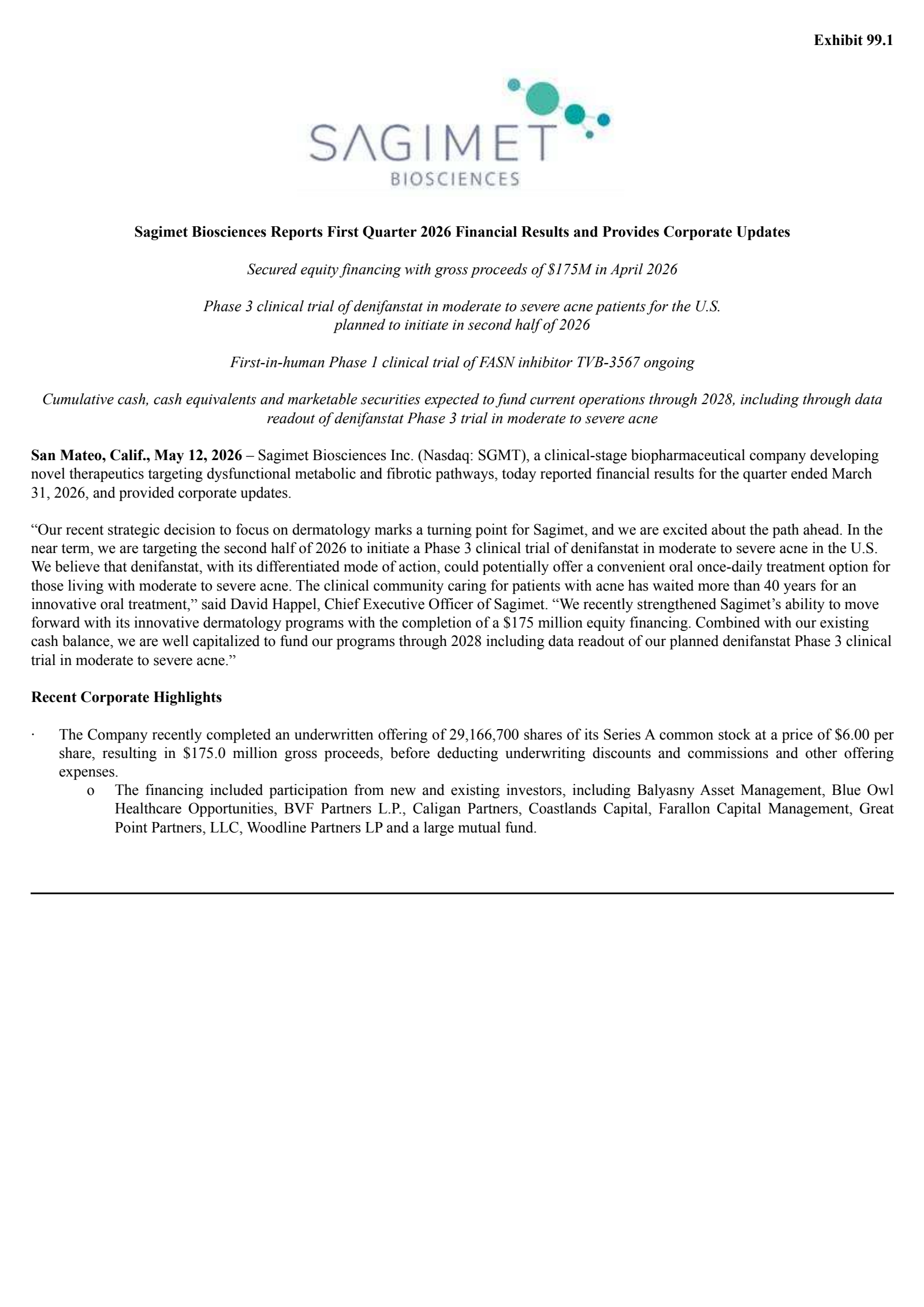 Sagimet Biosciences' Q1 2026 Press Release