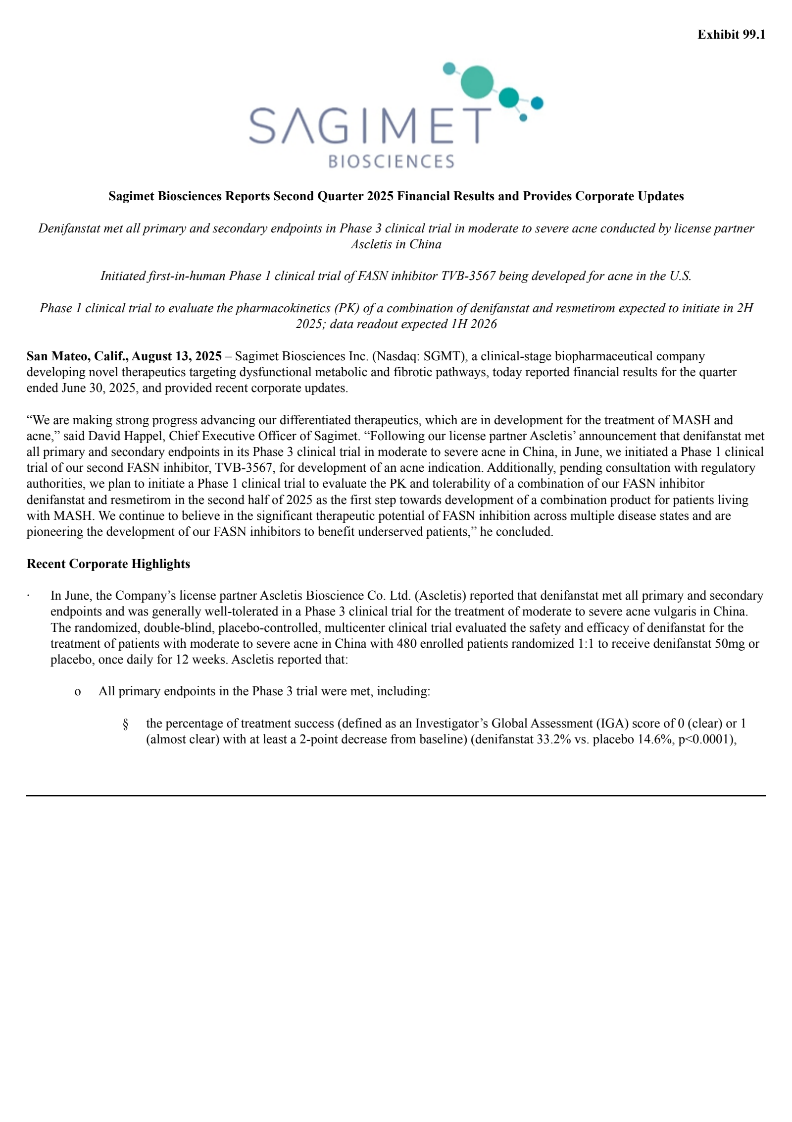 Sagimet Biosciences' Q2 2025 Press Release