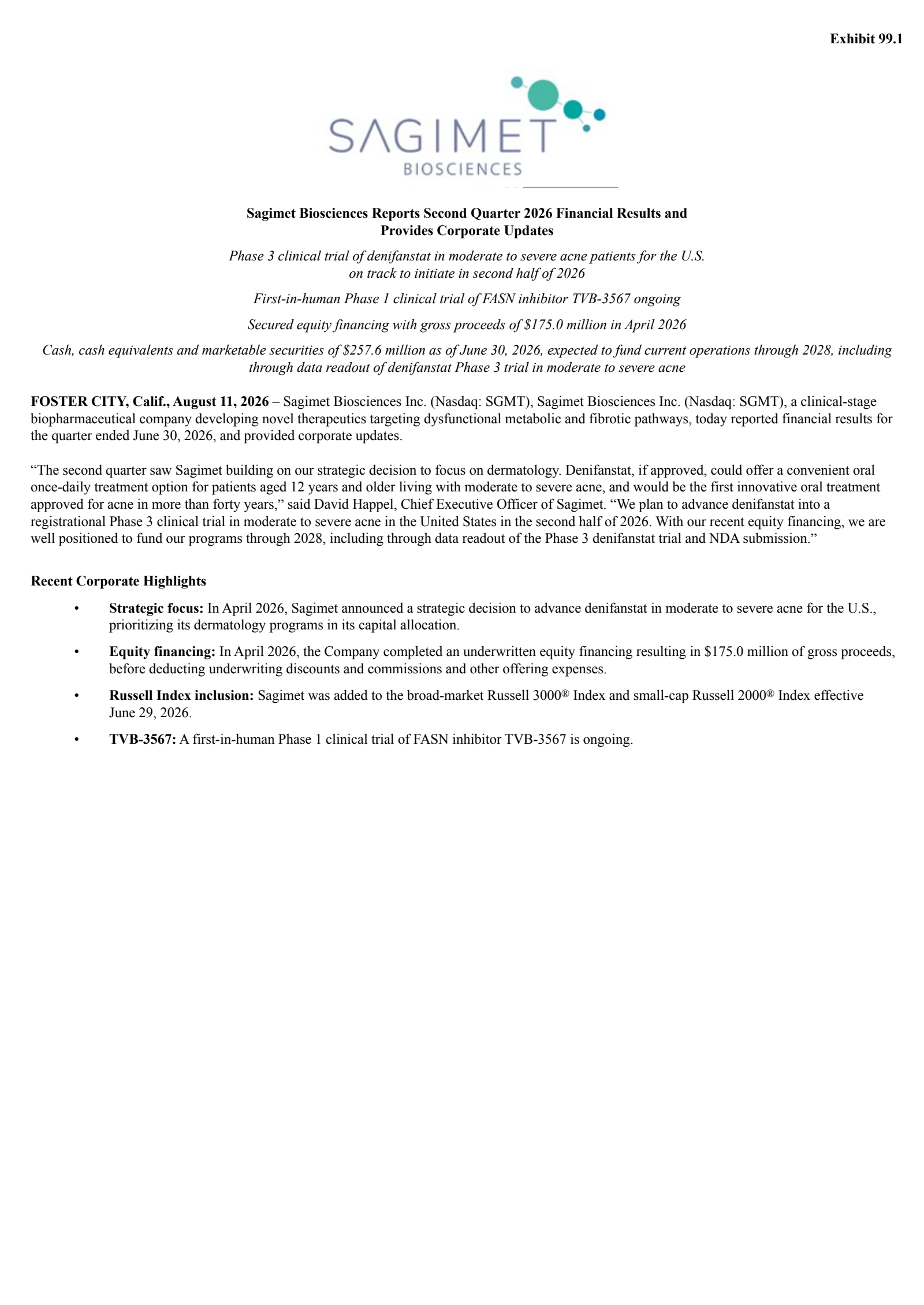 Sagimet Biosciences' Q2 2026 Press Release