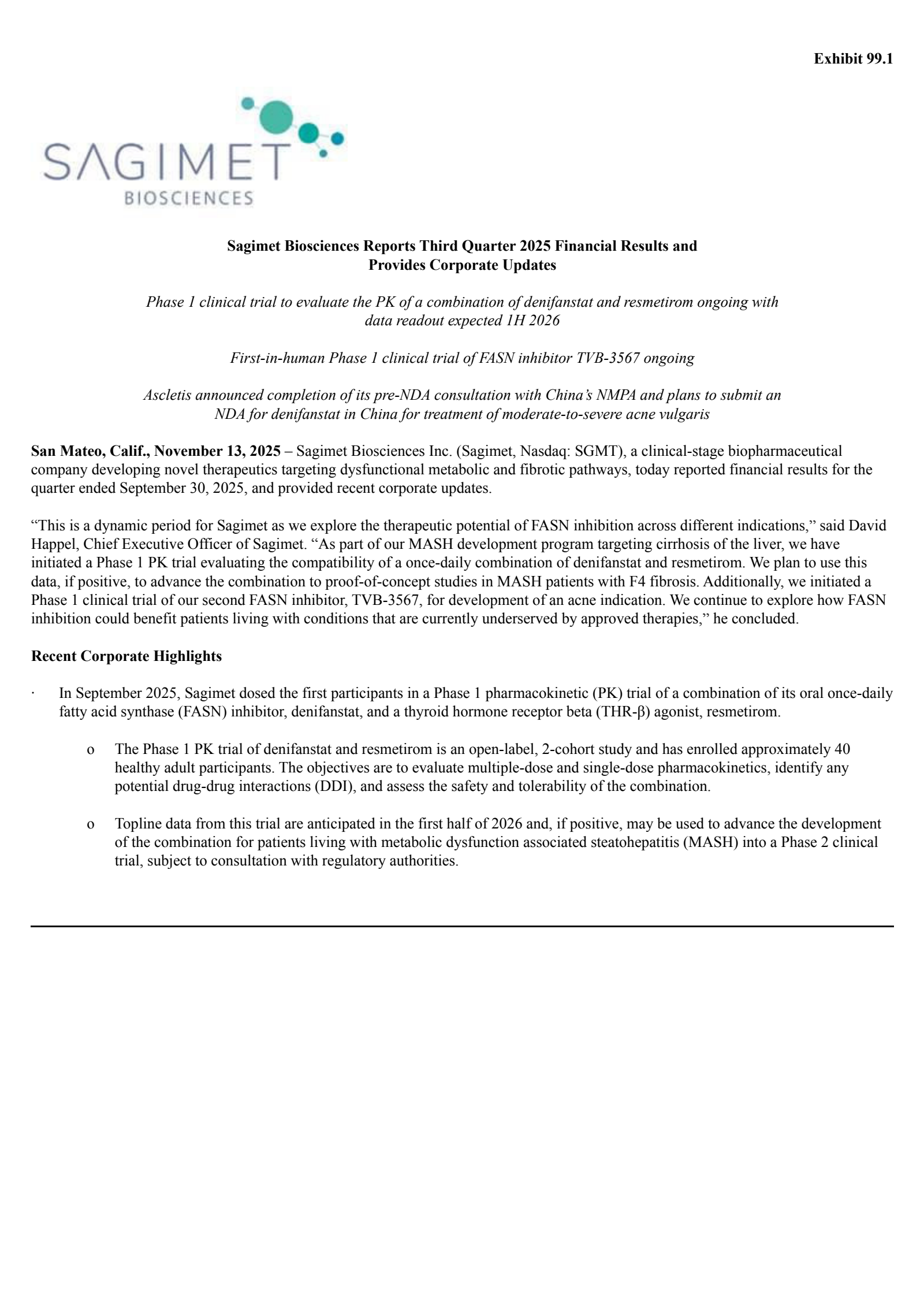 Sagimet Biosciences' Q3 2025 Earnings Release