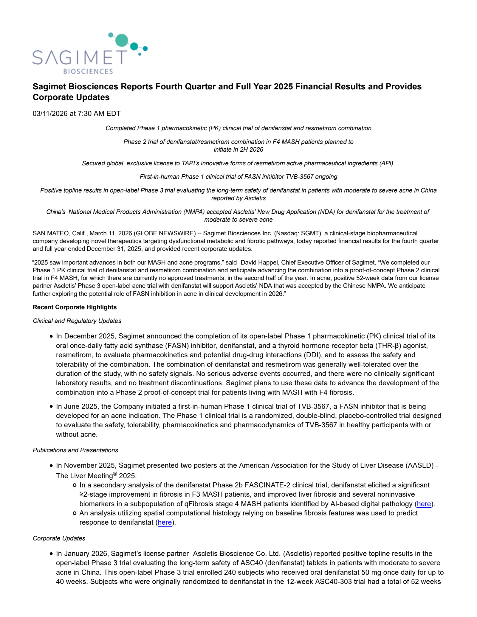 Sagimet Biosciences' Q4 2025 Press Release