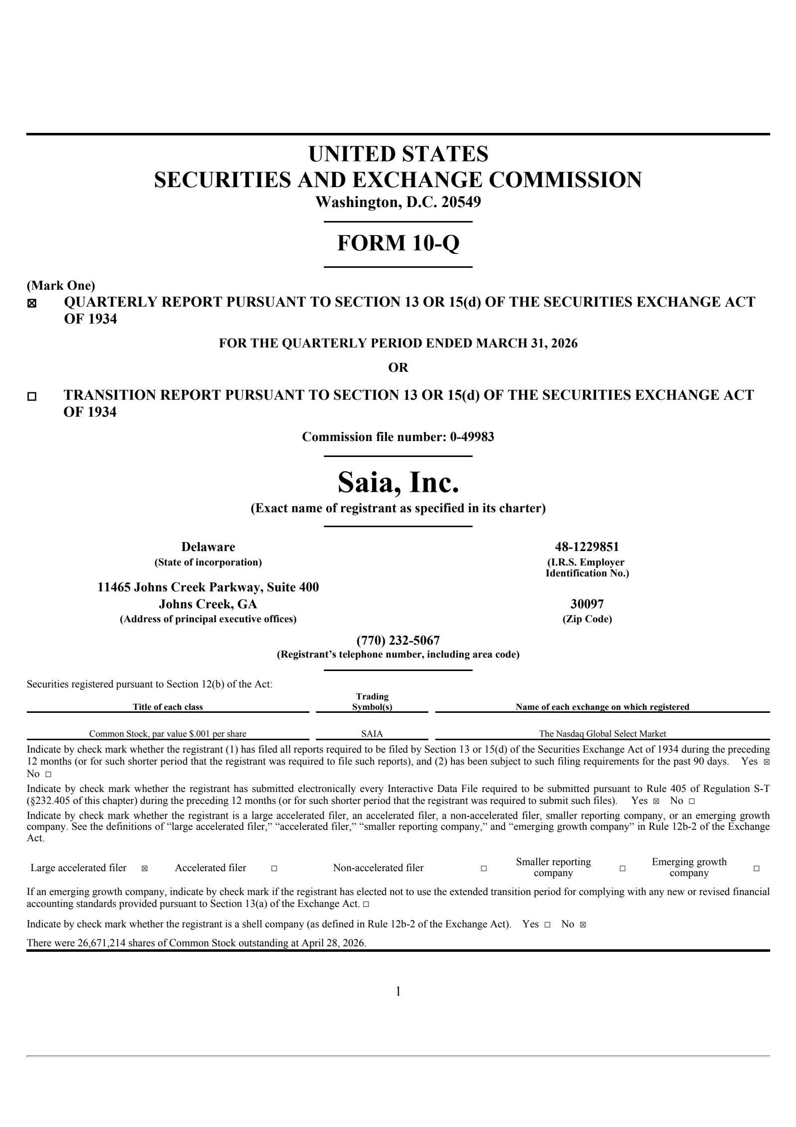 Saia's Q1 2026 Quarterly report