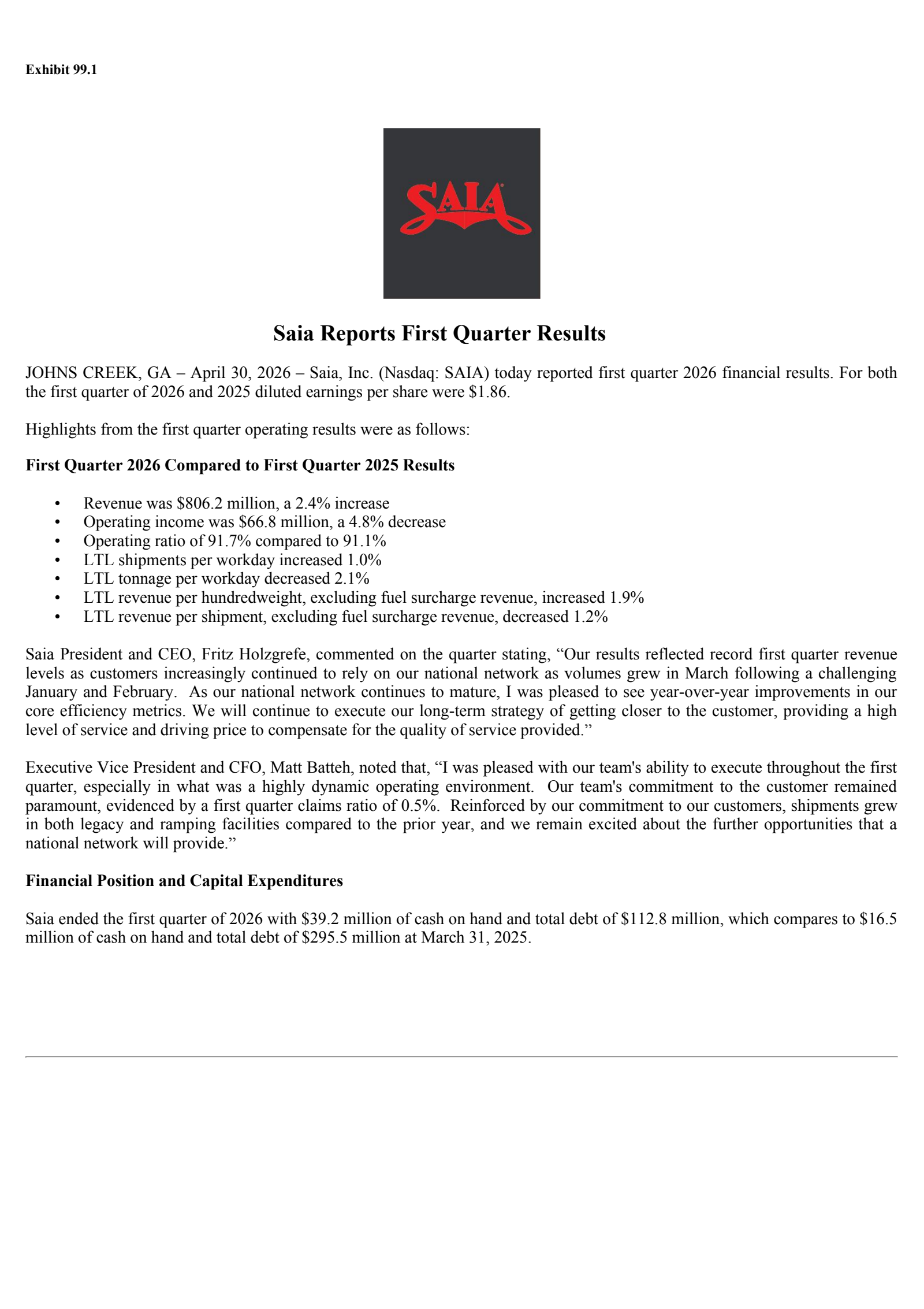 Saia's Q1 2026 Press Release