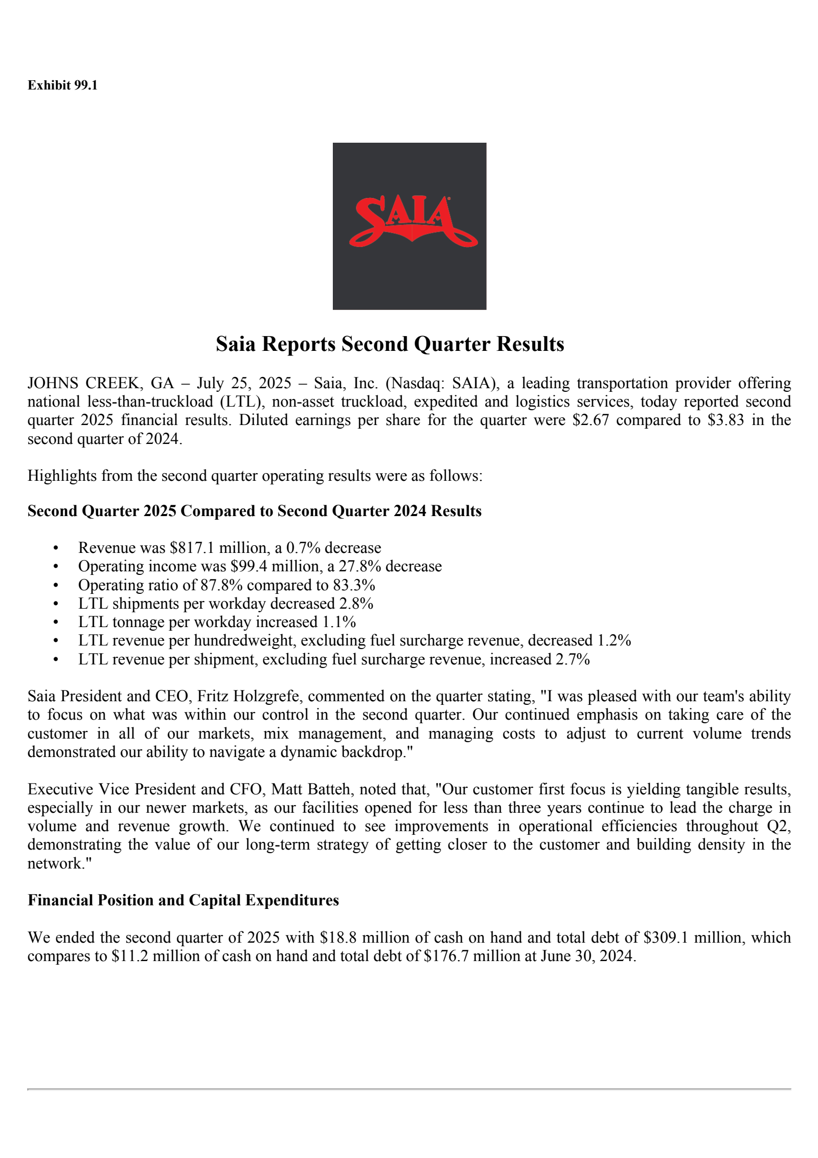 Saia's Q2 2025 Press Release