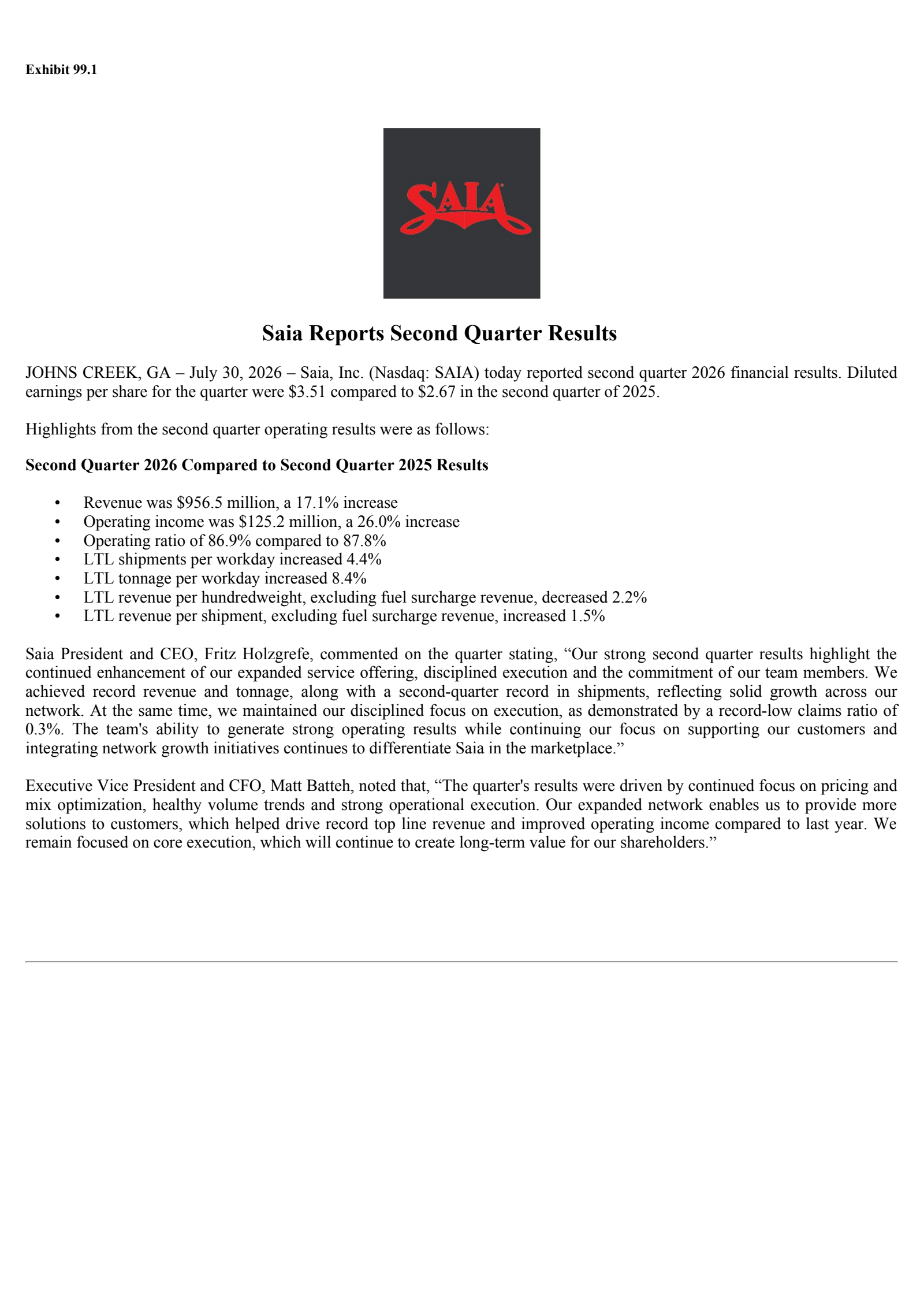 Saia's Q2 2026 Press Release