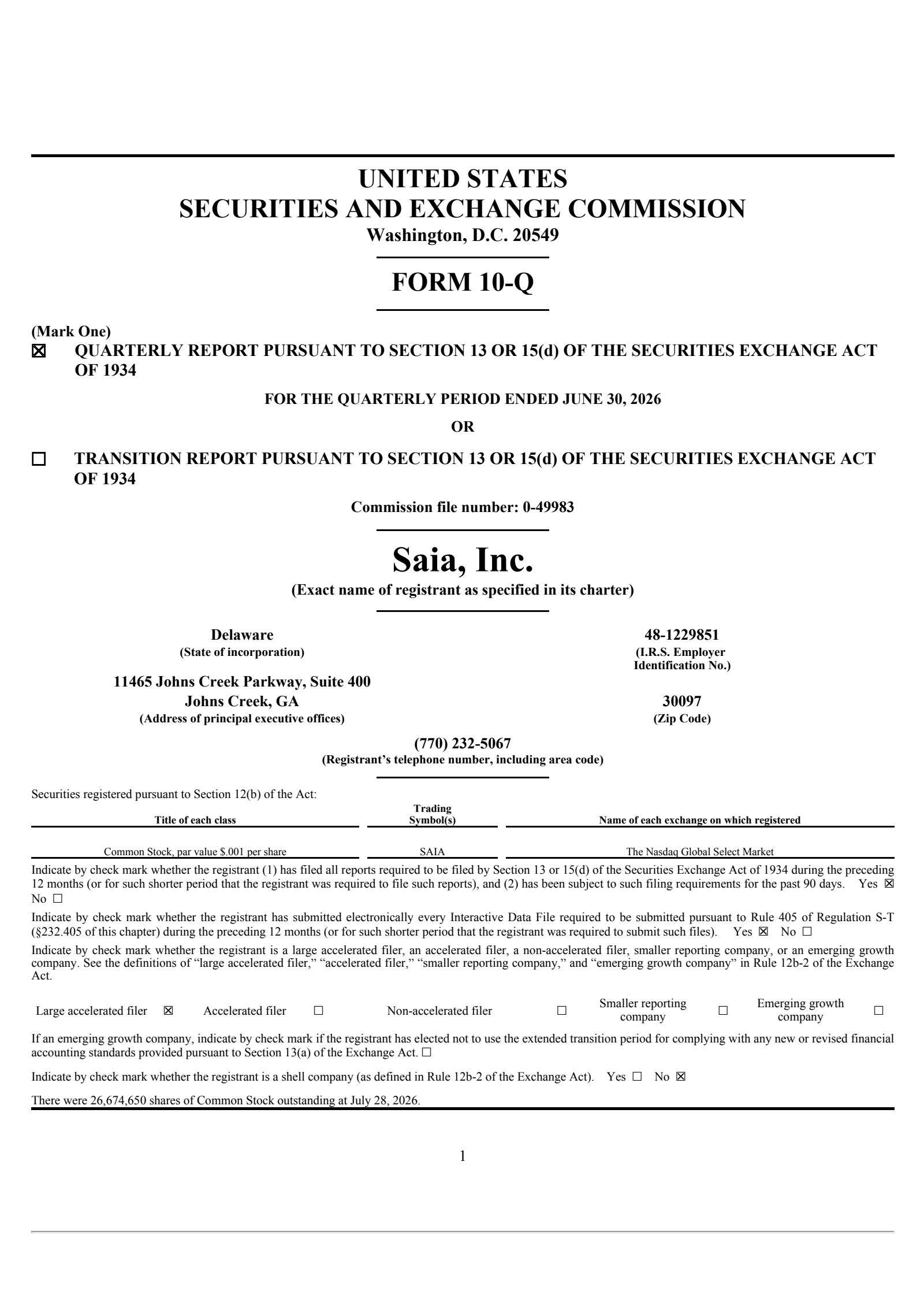Saia's Q2 2026 Quarterly report