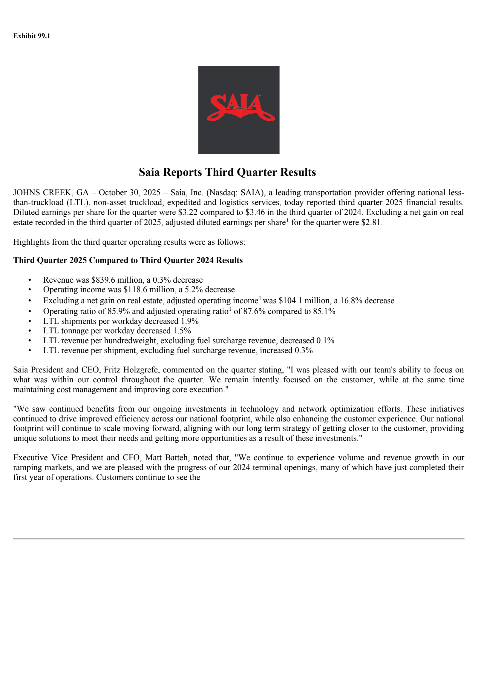 Saia's Q3 2025 Earnings Release