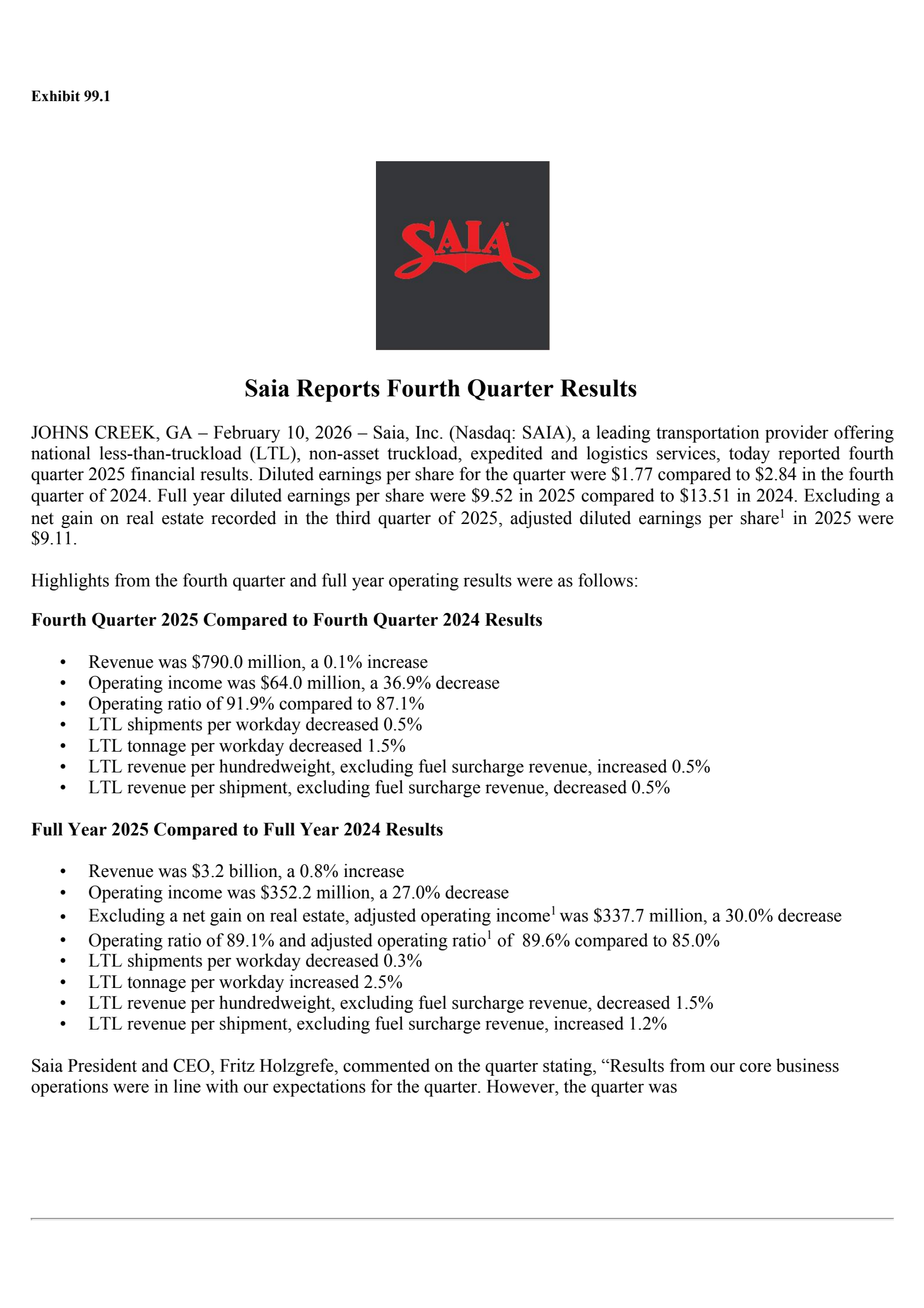 Saia's Q4 2025 Press Release