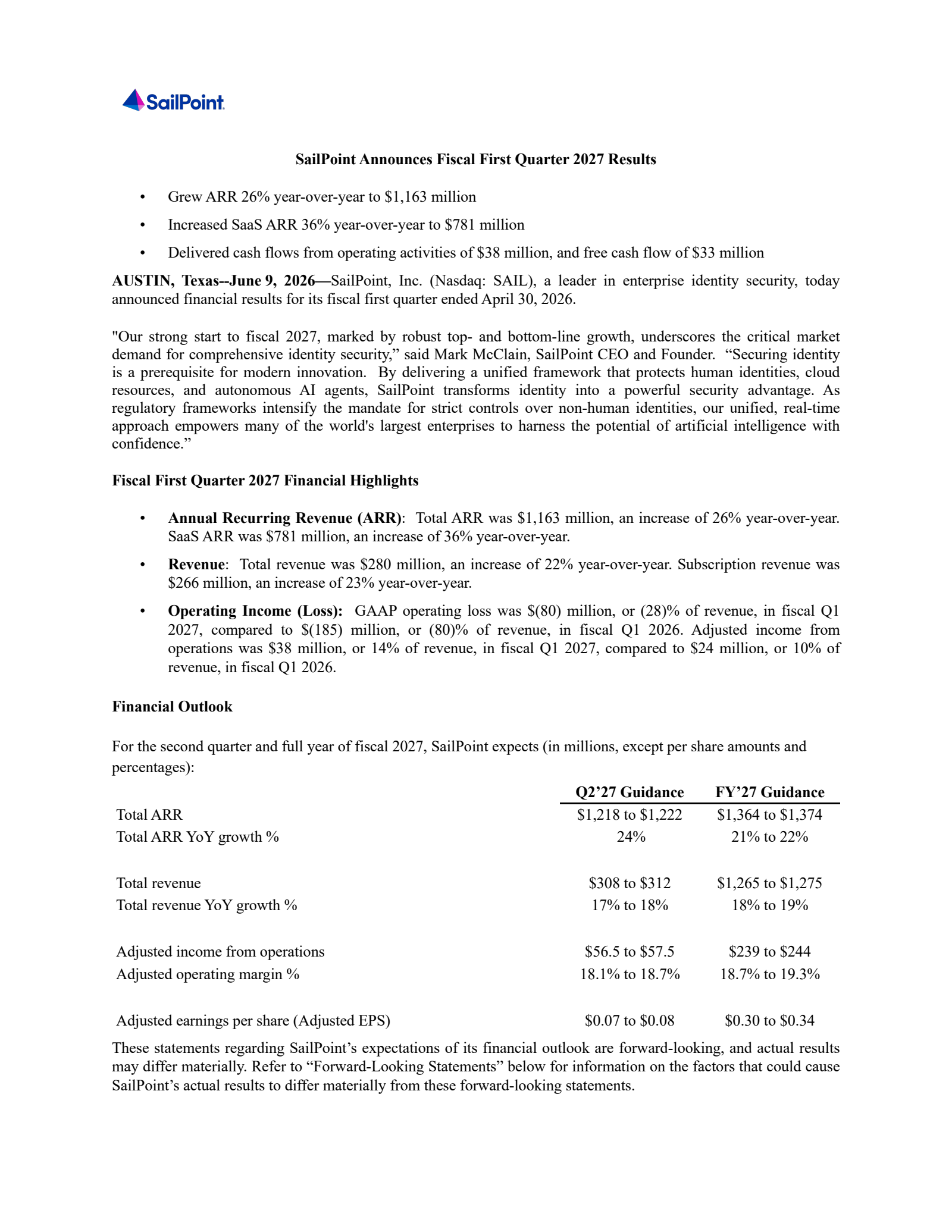 SailPoint's Q1 2027 Press Release