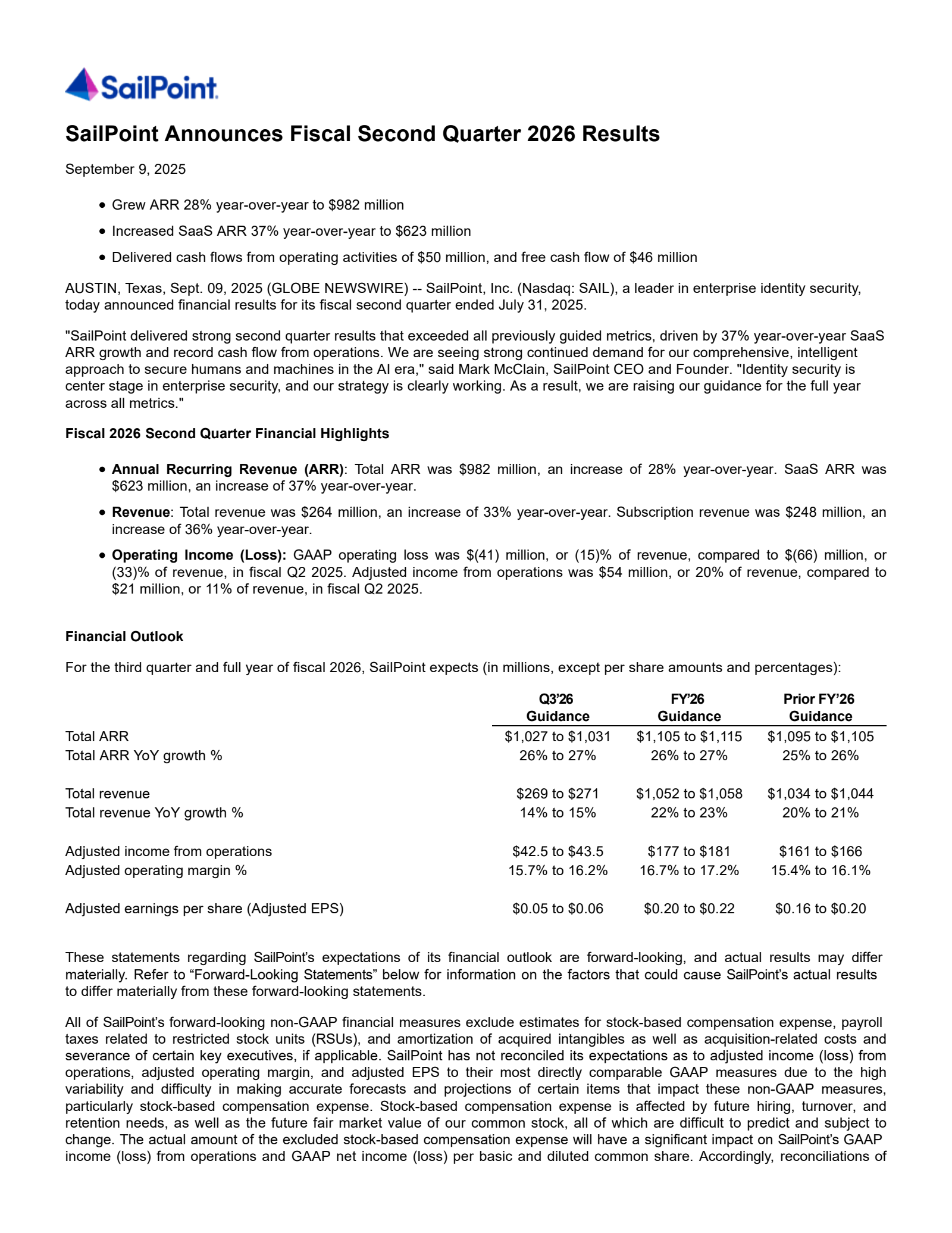 SailPoint's Q2 2026 Press Release