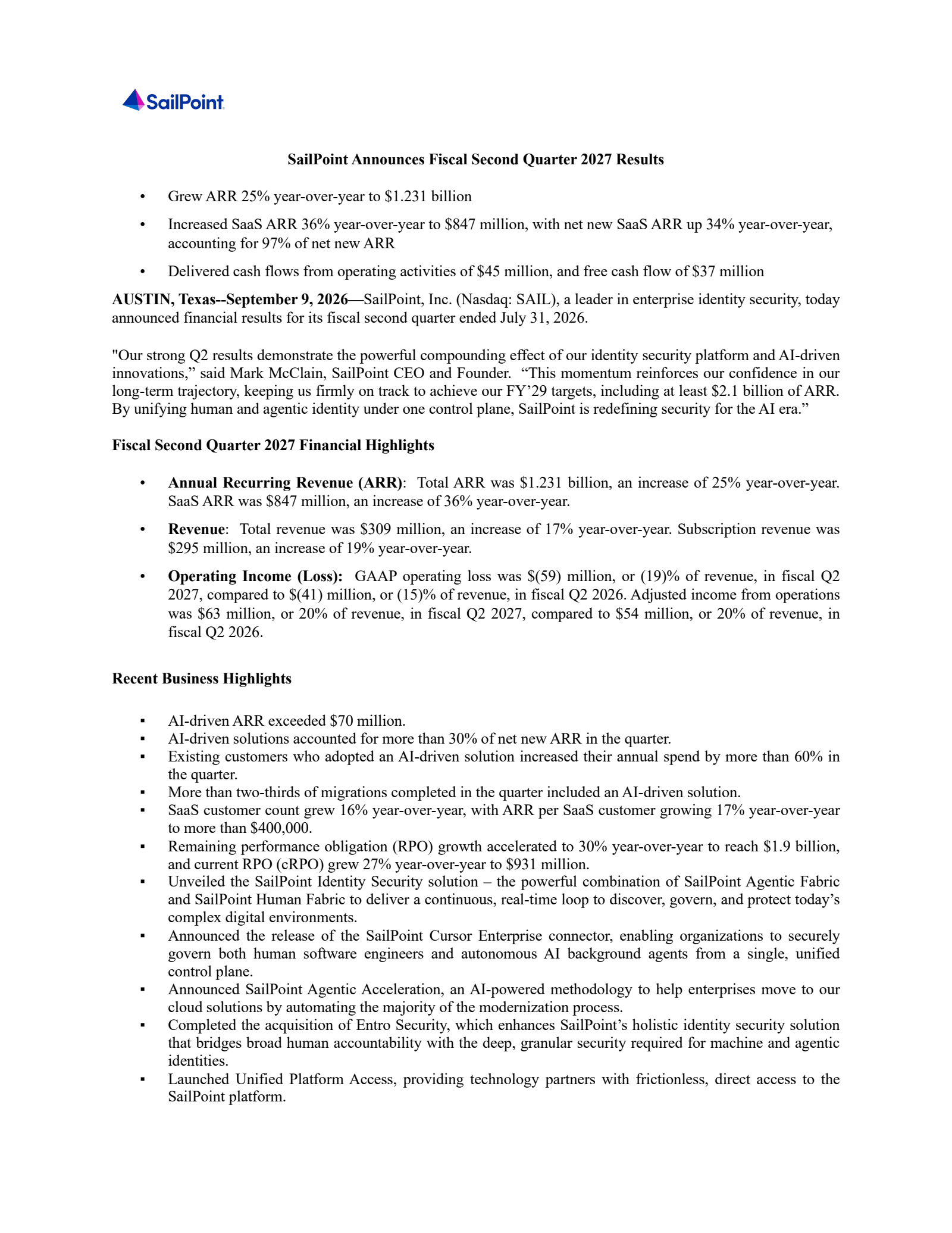 SailPoint's Q2 2027 Press Release