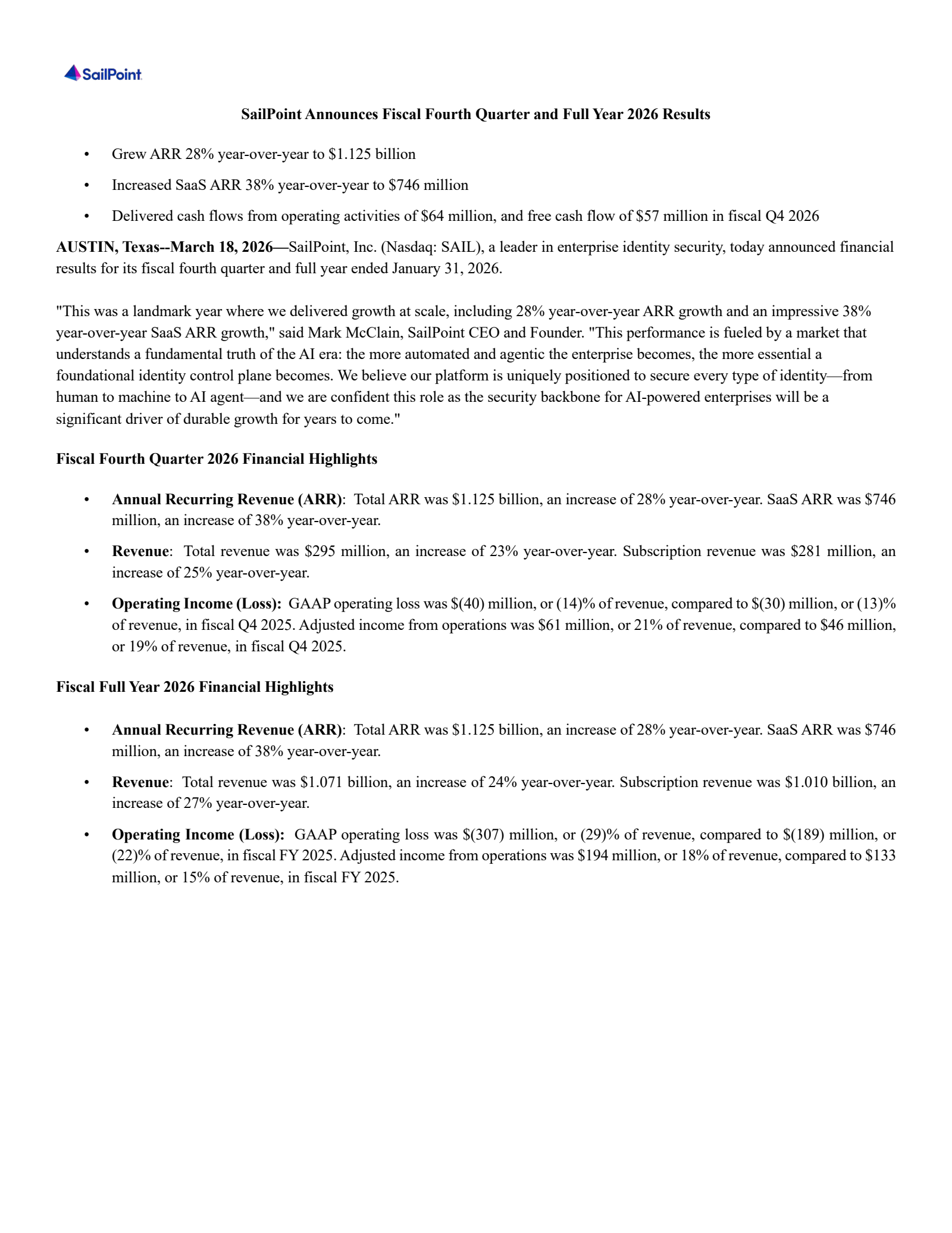 SailPoint's Q4 2026 Press Release