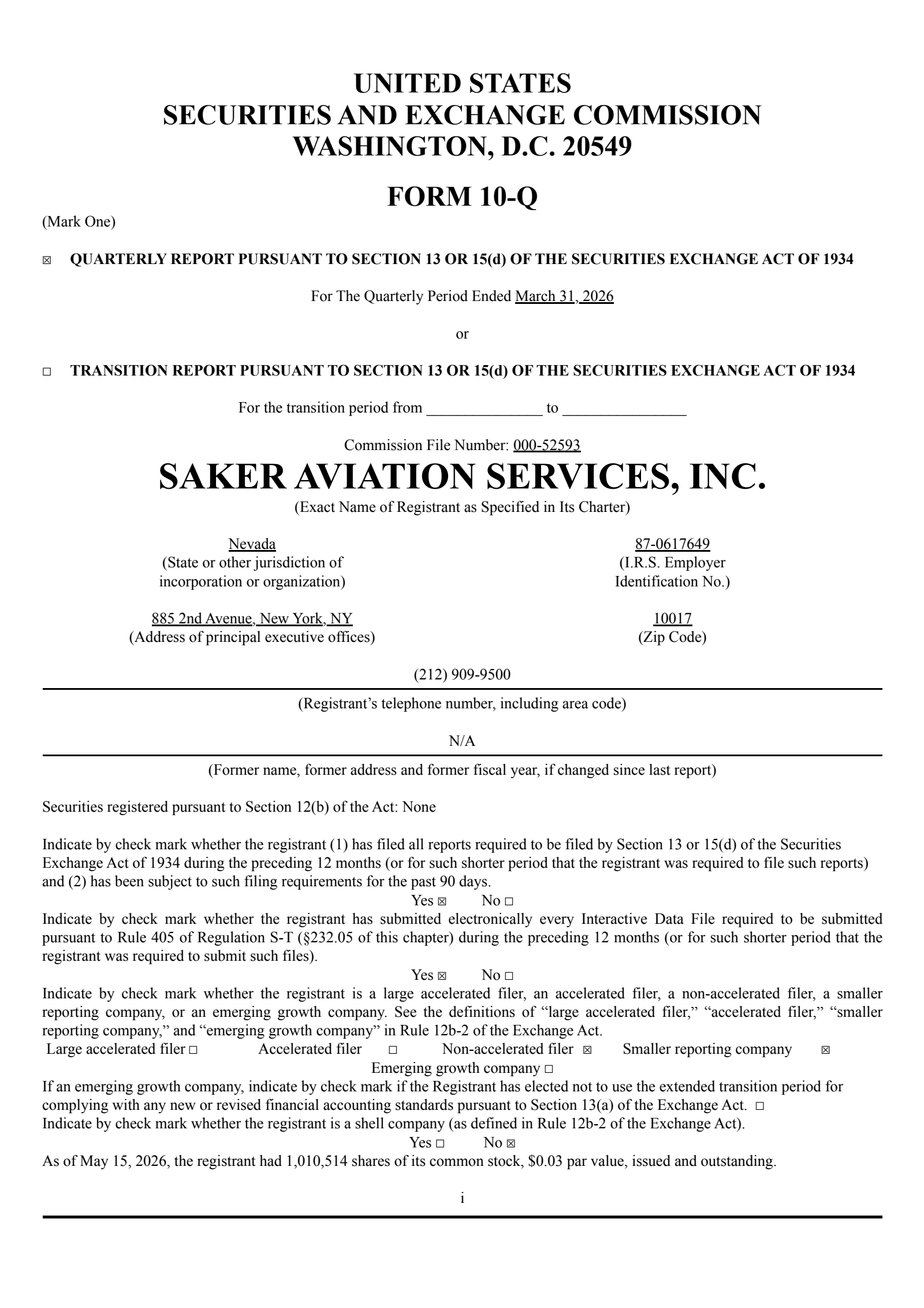 Saker Aviation Services' Q1 2026 Quarterly report