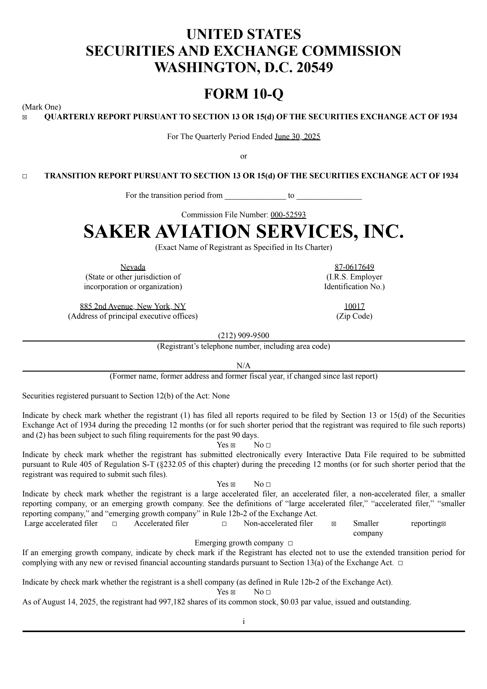 Saker Aviation Services' Q2 2025 Quarterly report